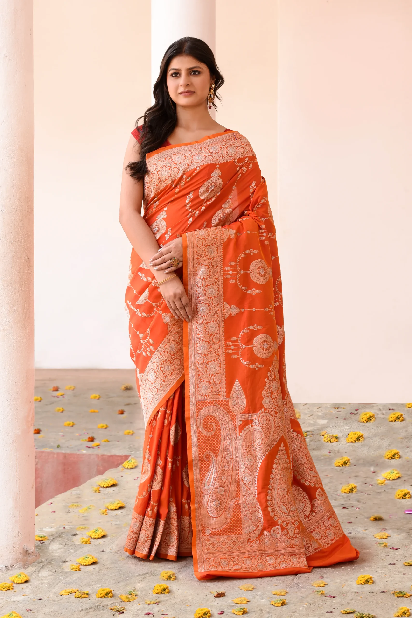 Coral Orange Banarasi Soft Silk Saree with Antique Silver Zari from Golden Muslin By Naaritva Banaras