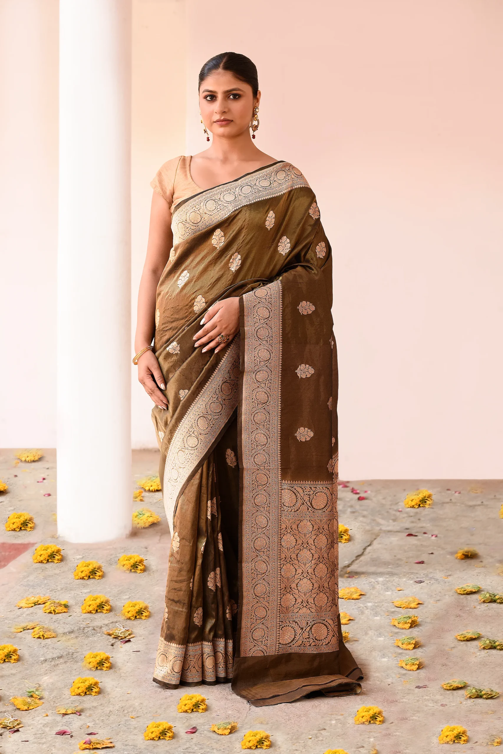 Olive Brown Pure Banarasi Katan Silk Saree with Gold Zari Buta from Golden Muslin By Naaritva Banaras