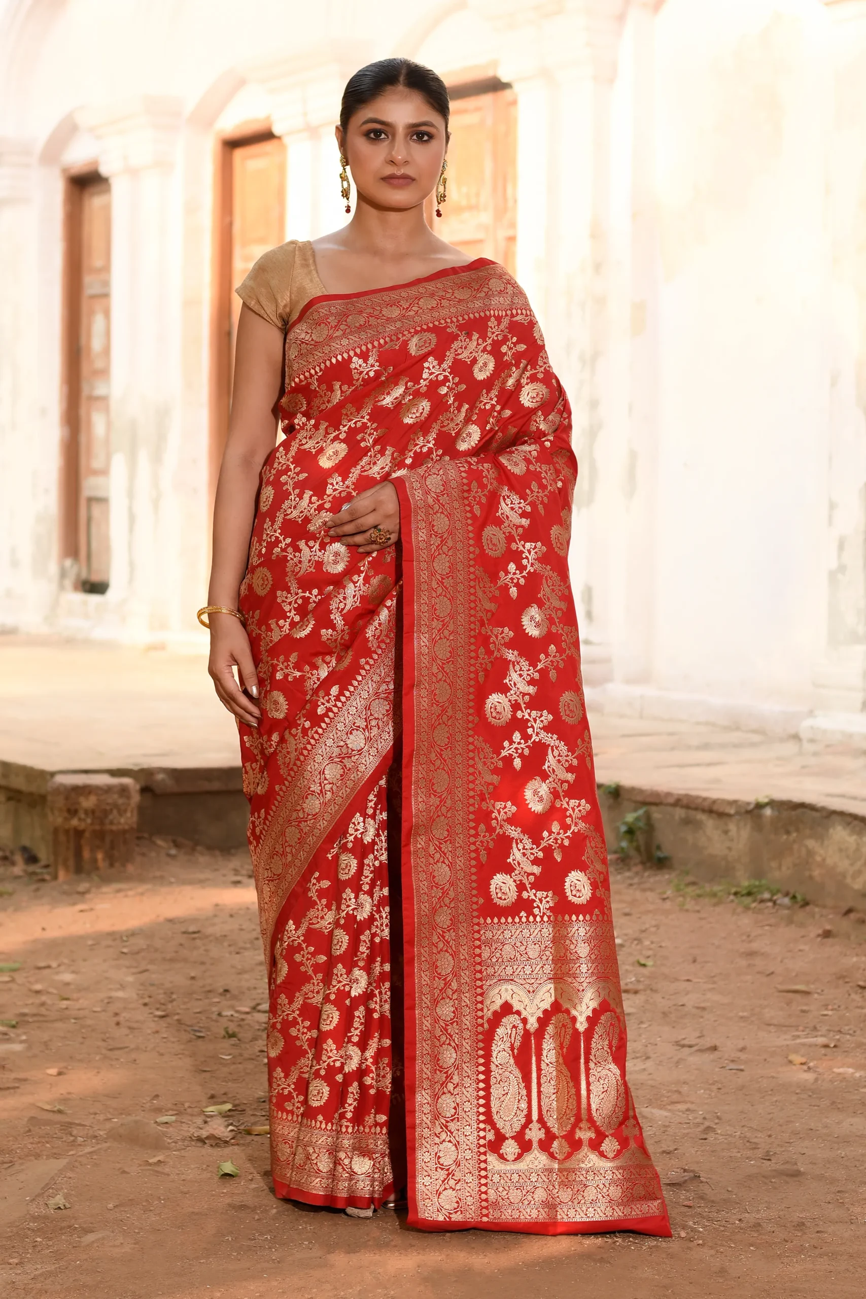Red Banarasi Soft Silk Saree with Gold Silver Zari Jaal from Golden Muslin By Naaritva Banaras
