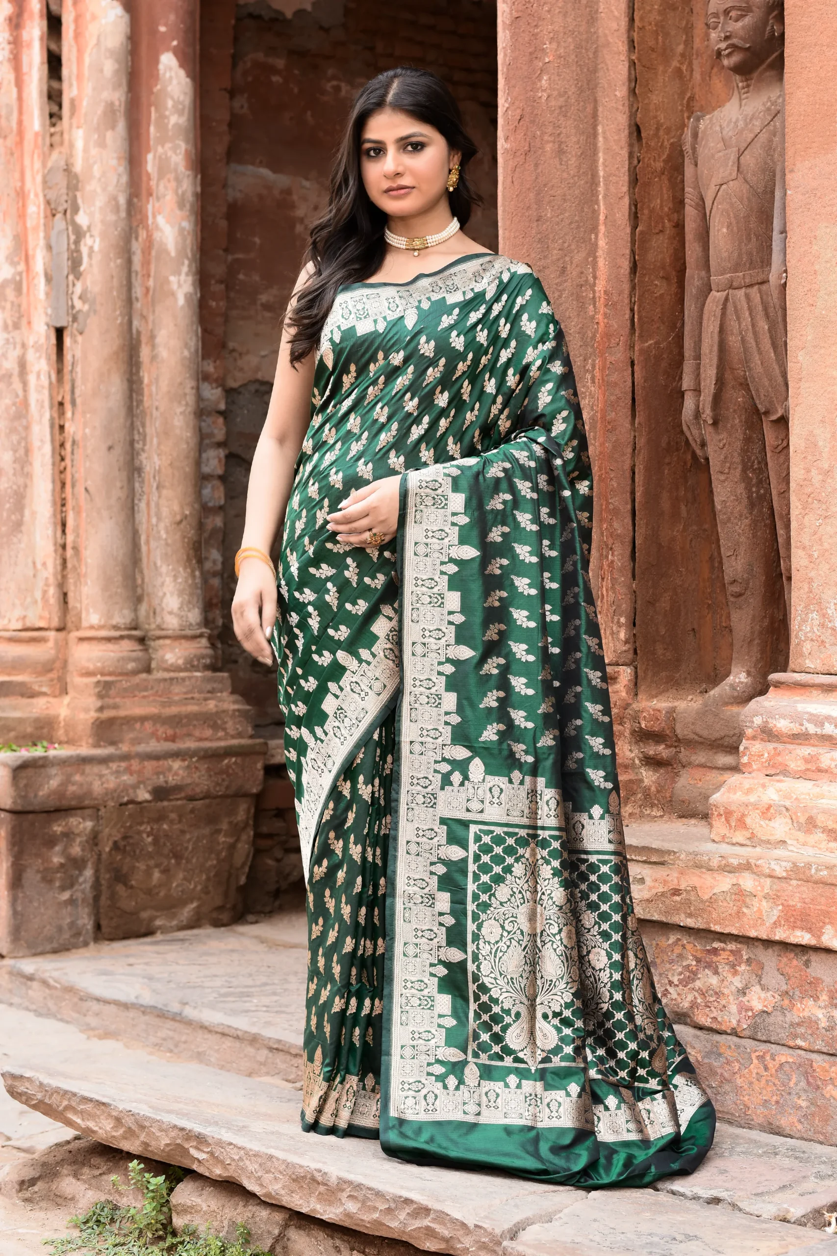 Emerald Green Pure Banarasi Katan Silk Saree with Silver Zari Buta from Golden Muslin By Naaritva Banaras