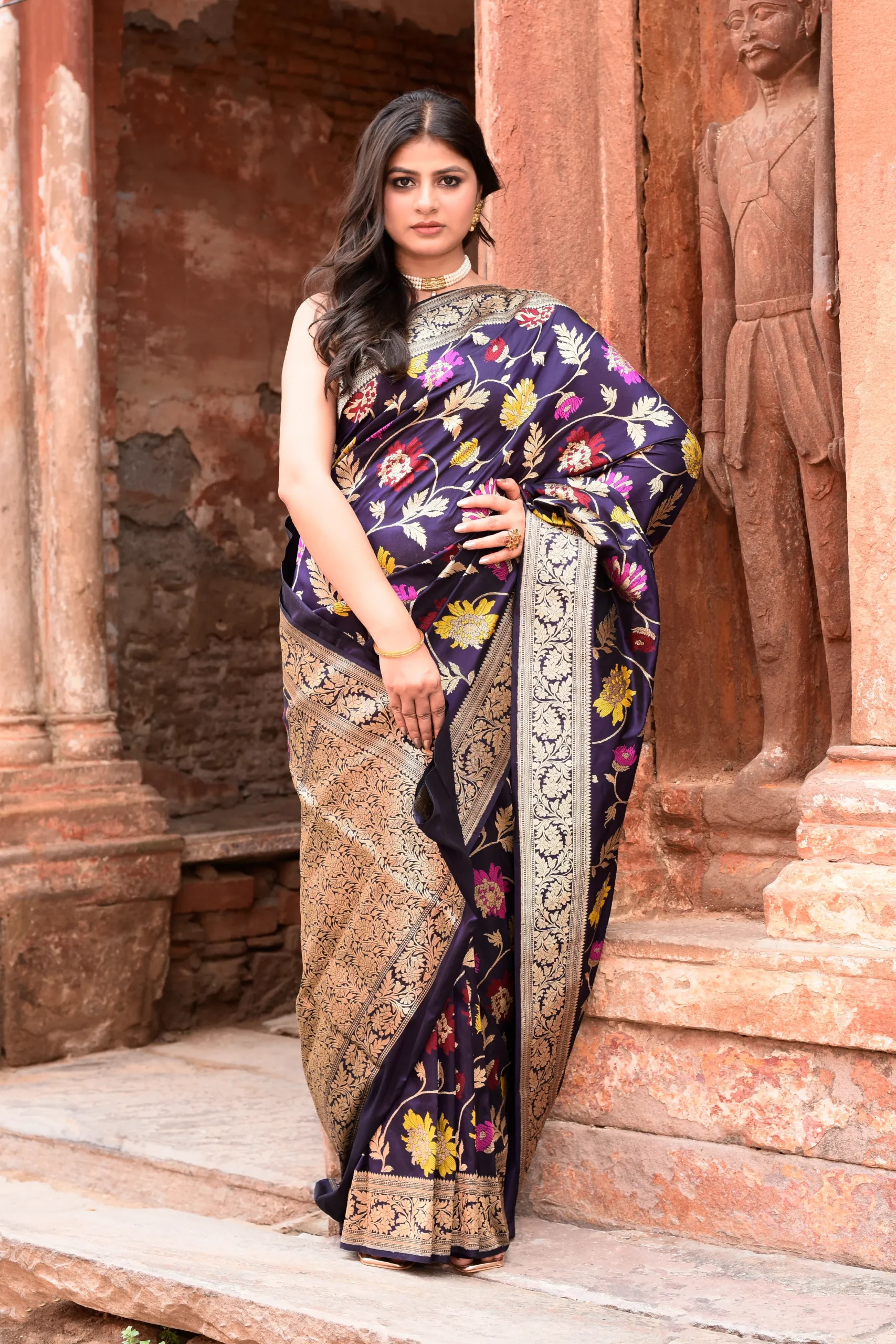 Plum Purple Banarasi Silk Saree with Multicolour Floral Motifs from Golden Muslin By Naaritva Banaras