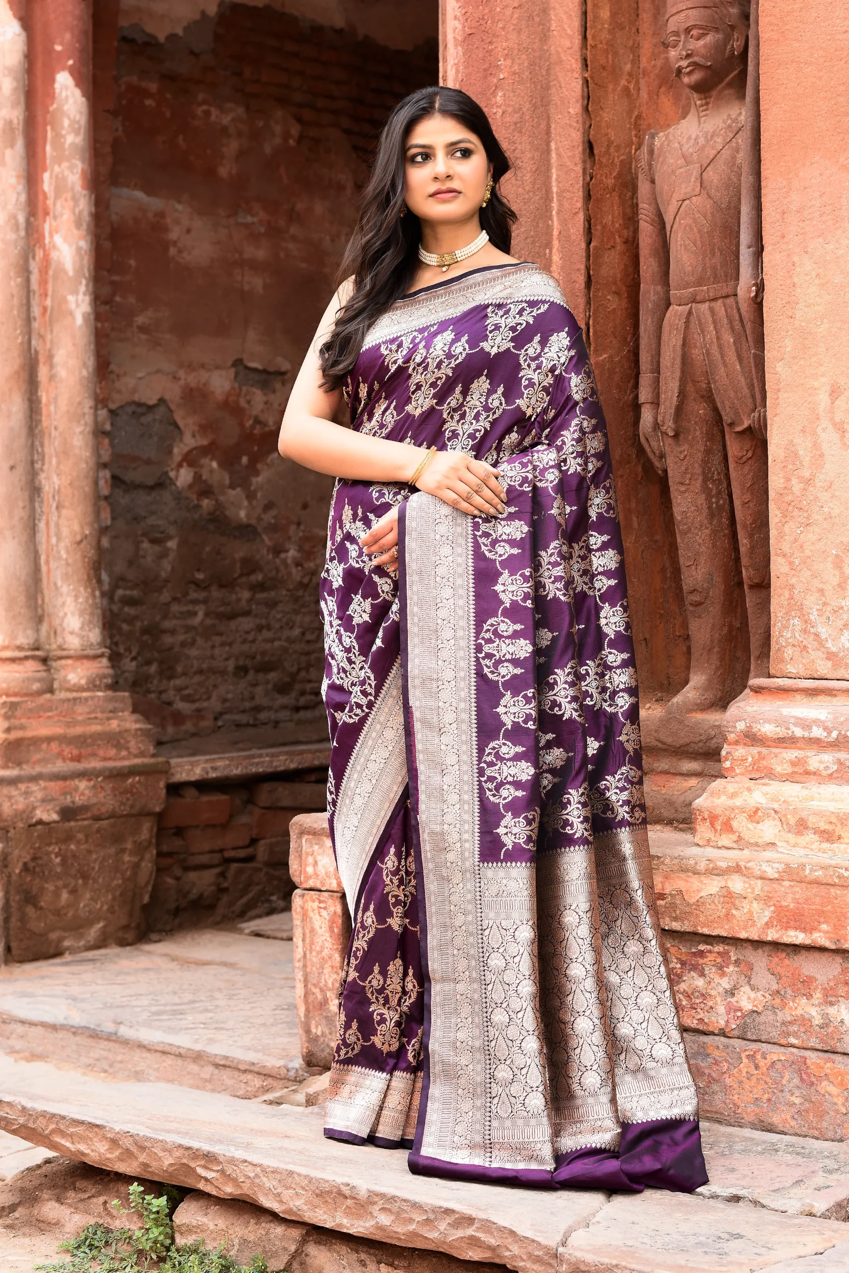 Royal Purple Banarasi Silk Saree with Antique Gold Zari from Golden Muslin By Naaritva Banaras