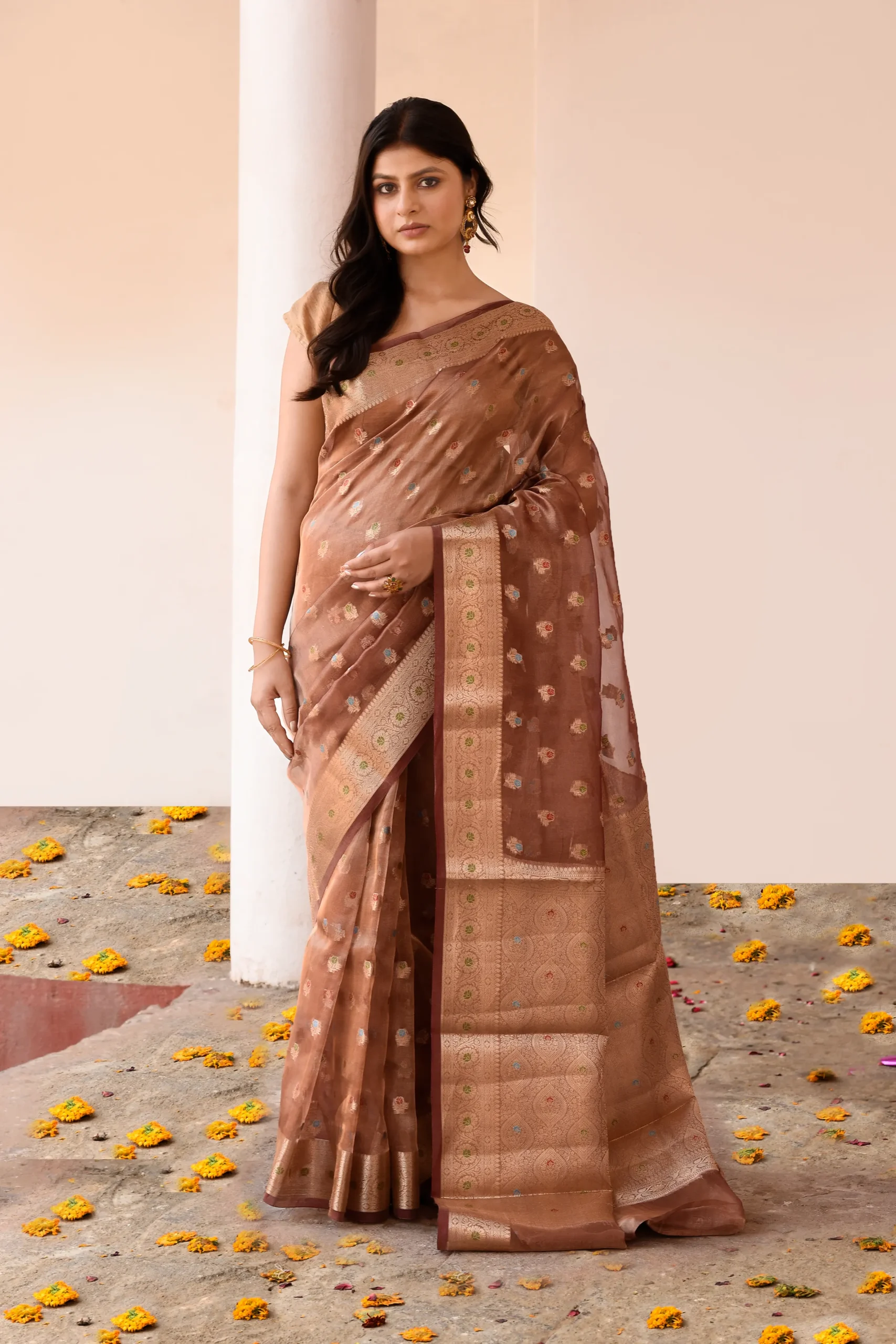 Copper Banarasi Silk Saree with Antique Gold Zari Butti from Golden Muslin By Naaritva Banaras