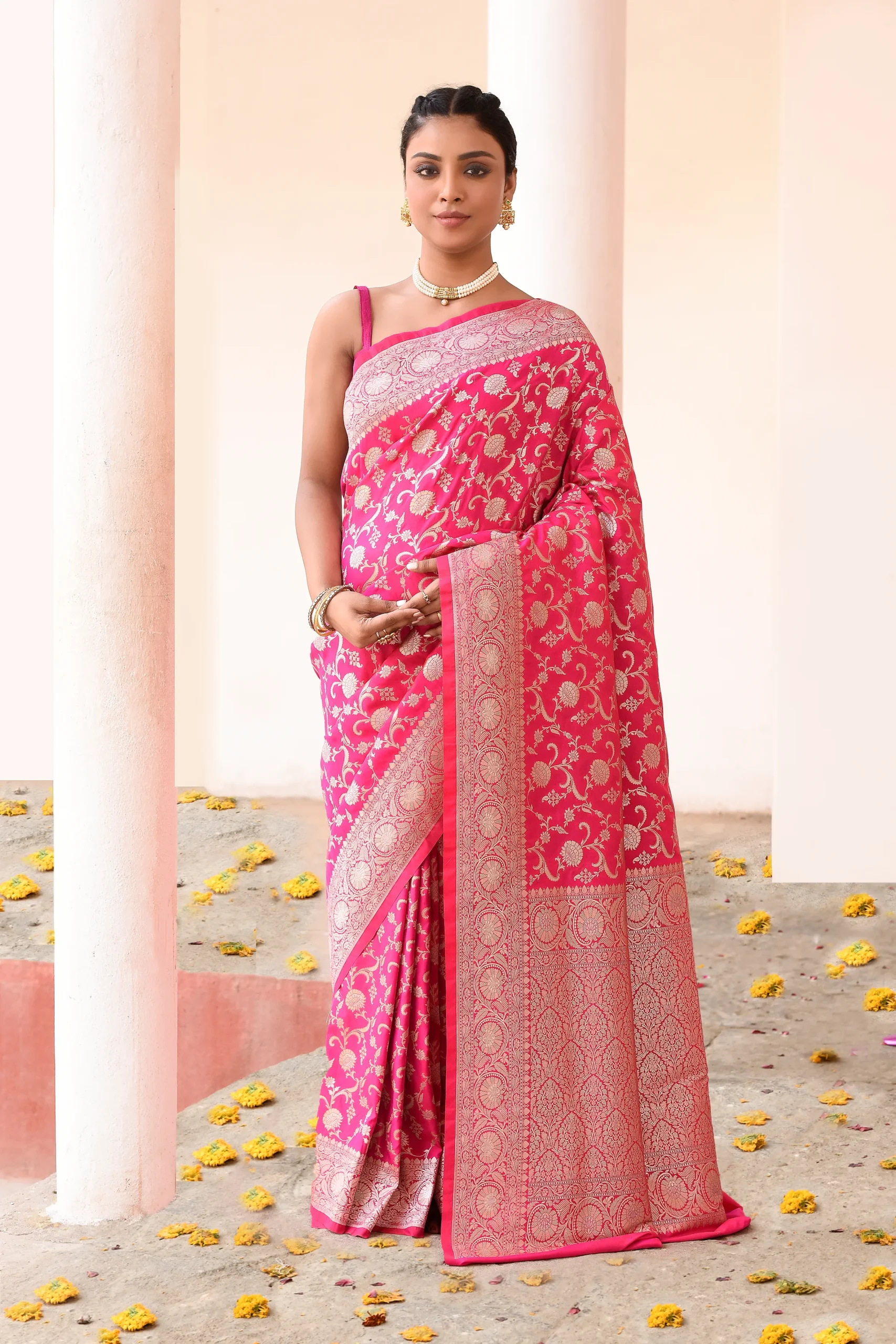 Rani Pink Banarasi Soft Silk Saree with Antique Gold Zari Jaal from Golden Muslin By Naaritva Banaras