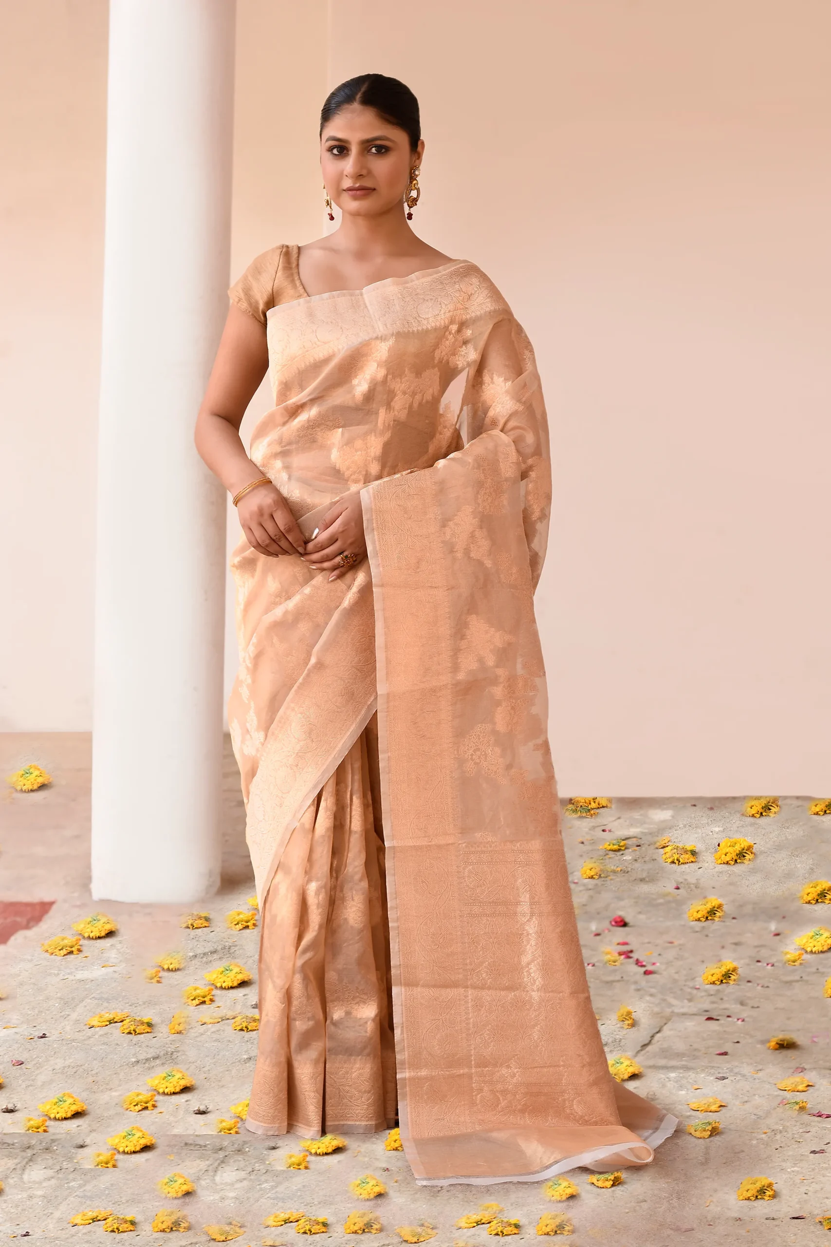 Champagne Gold Banarasi Tissue Silk Saree with Antique Gold Zari from Golden Muslin By Naaritva Banaras