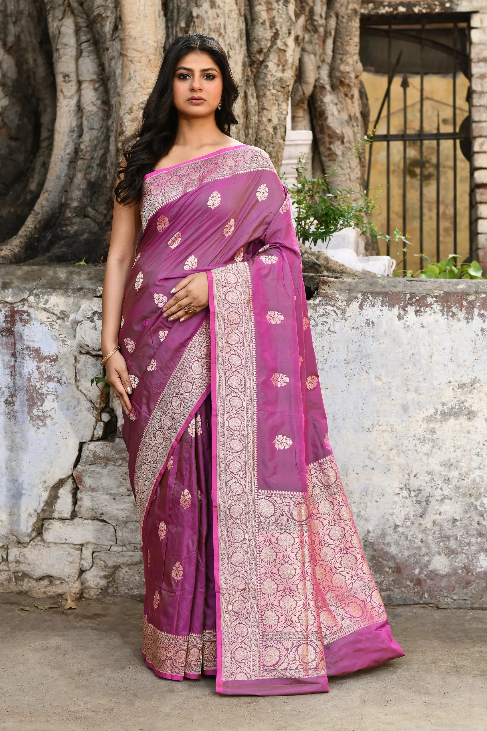 Magenta Pure Katan Silk Banarasi Saree with Antique Zari Butti from Golden Muslin By Naaritva Banaras
