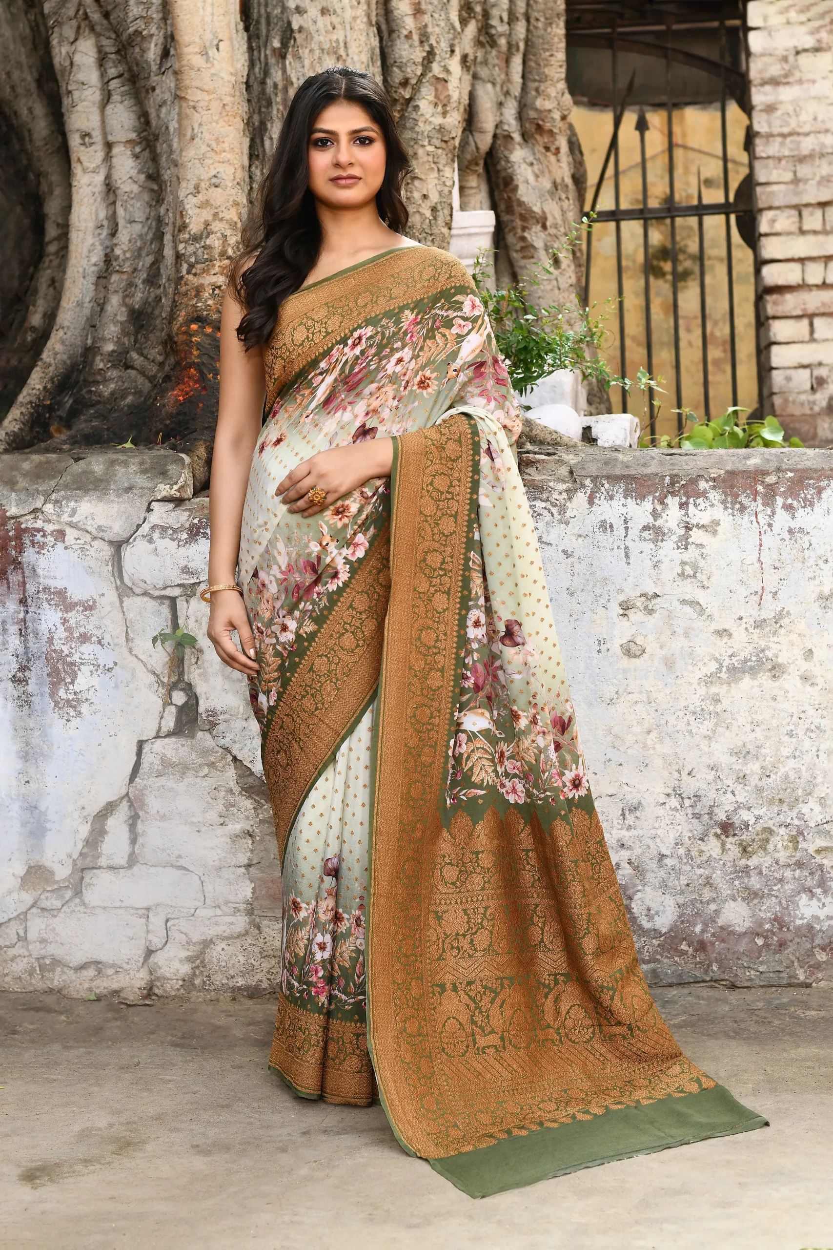 Ivory Pure Crepe Silk Saree with Floral Prints and Gold Zari Butis from Golden Muslin By Naaritva Banaras