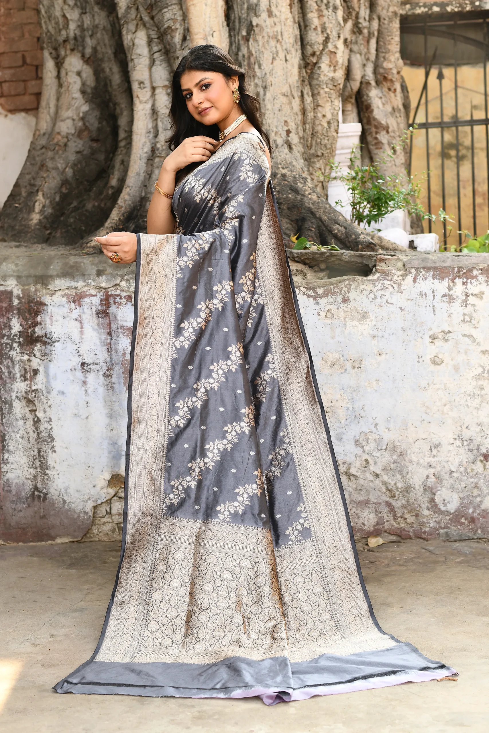 Silver Grey Silk Saree with Gold Zari Jaal and Antique Border from Golden Muslin By Naaritva Banaras