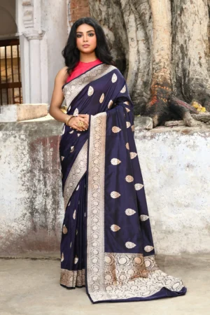 Deep Navy Blue Pure Katan Silk Banarasi Saree with Antique Gold Zari Butis from Golden Muslin By Naaritva Banaras