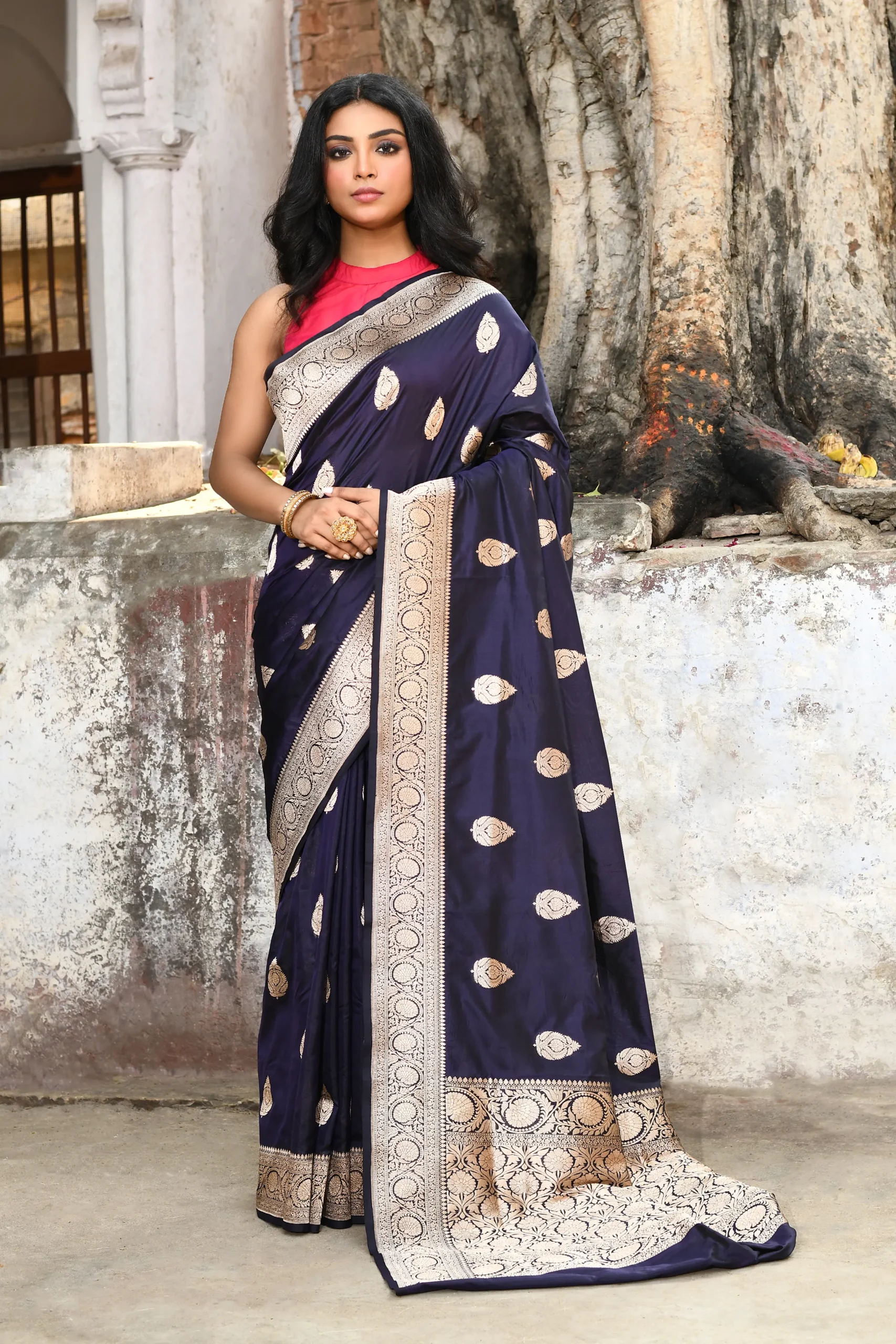 Deep Navy Blue Pure Katan Silk Banarasi Saree with Antique Gold Zari Butis from Golden Muslin By Naaritva Banaras