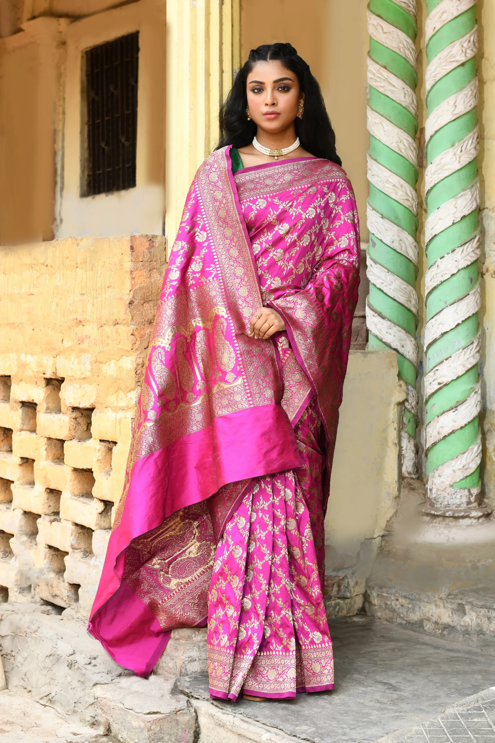 Fuchsia Pink Banarasi Soft Silk Saree with Traditional Zari Motifs from Golden Muslin By Naaritva Banaras
