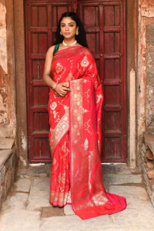 Red Banarasi Soft Silk Saree with Antique Gold Silver Zari Jaal from Golden Muslin By Naaritva Banaras