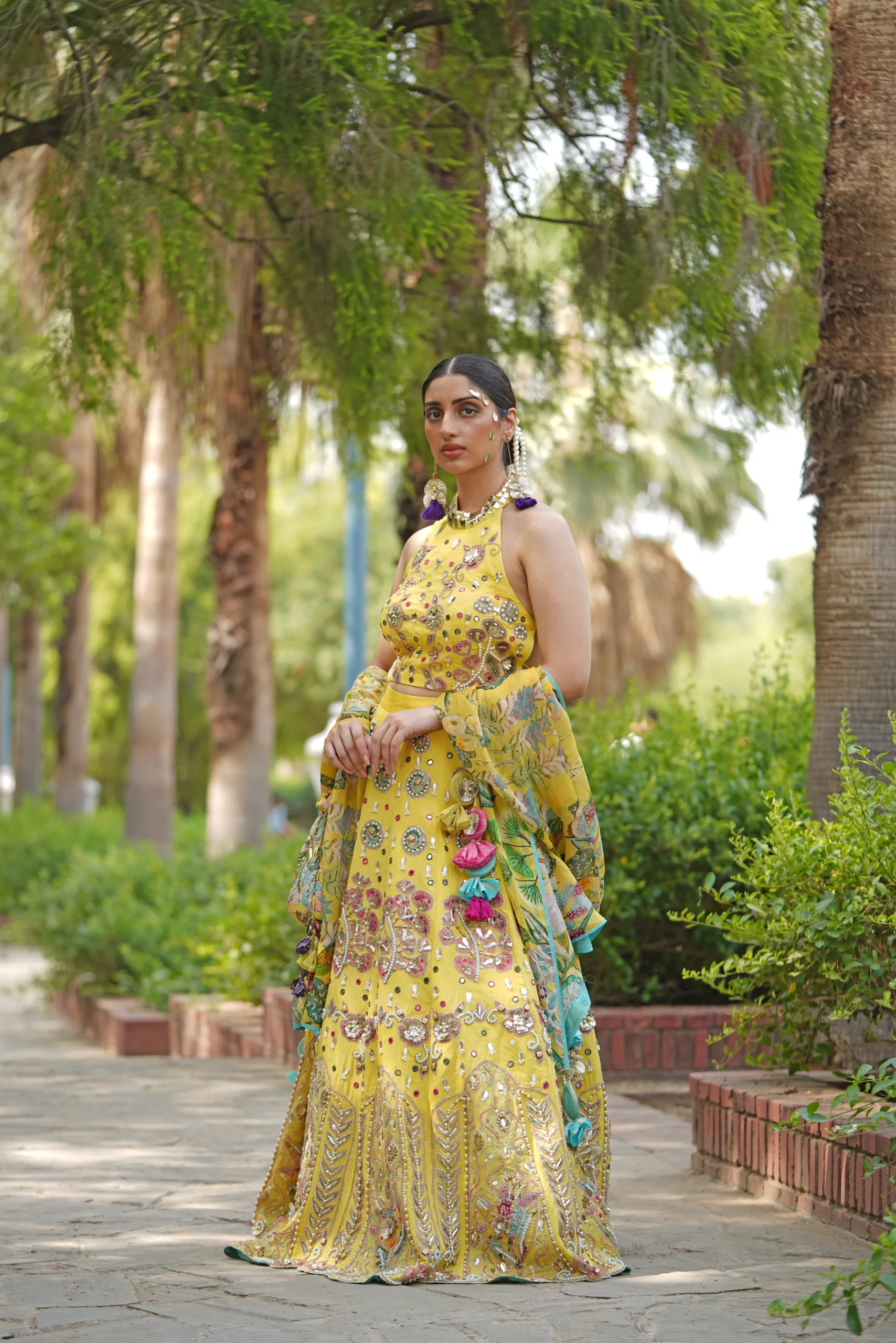 Sunflower Yellow Embroidered Lehenga Drape with Dupatta and Potli from Golden Muslin By Soniya G