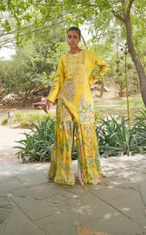 Yellow Embroidered Kurta with Floral Printed Sharara and Dupatta from Golden Muslin By Soniya G