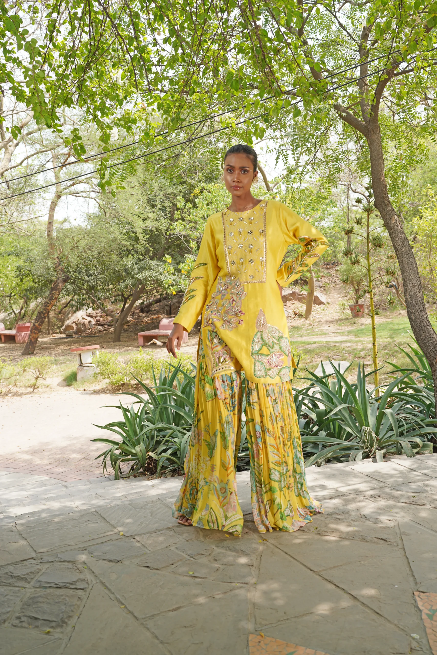 Yellow Embroidered Kurta with Floral Printed Sharara and Dupatta from Golden Muslin By Soniya G