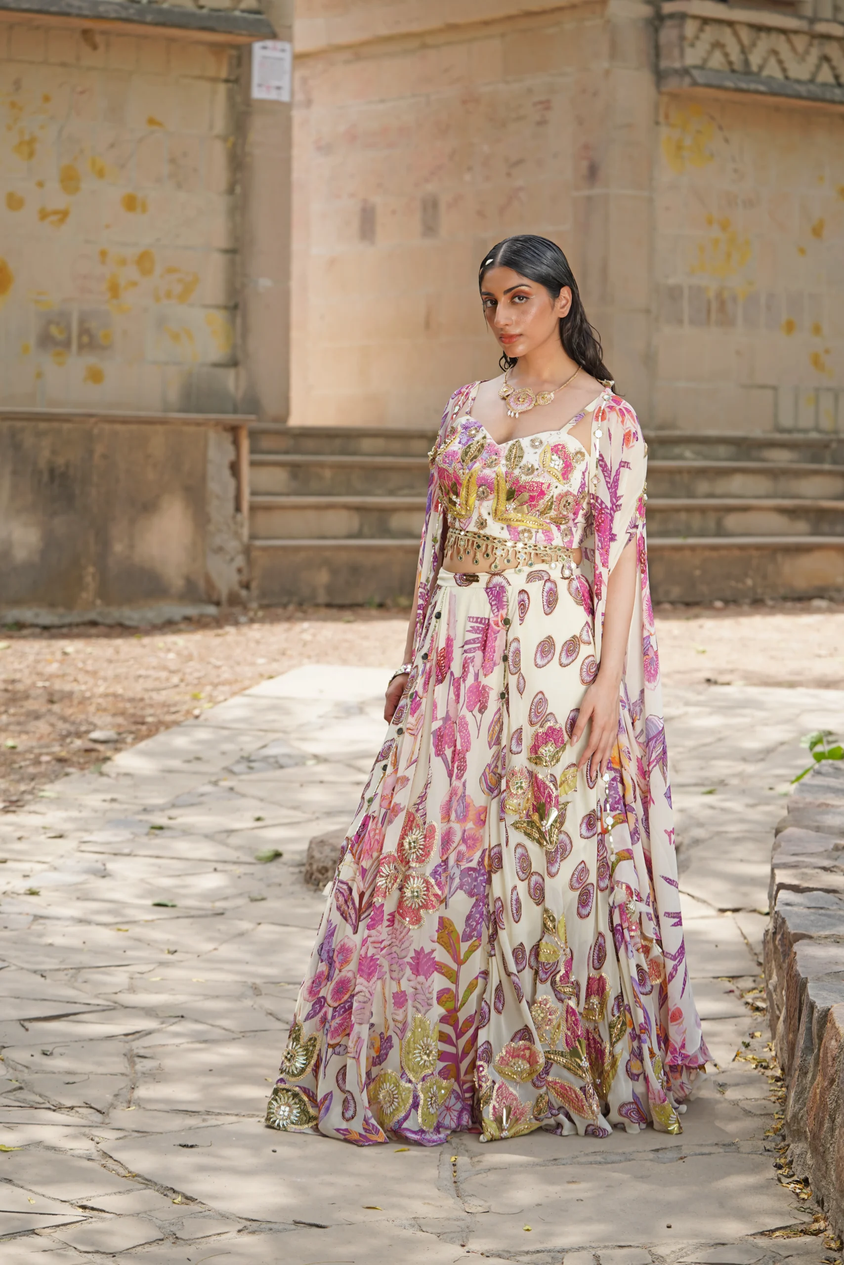 Pastel floral lehenga with sweetheart blouse and cape from Golden Muslin By Soniya G