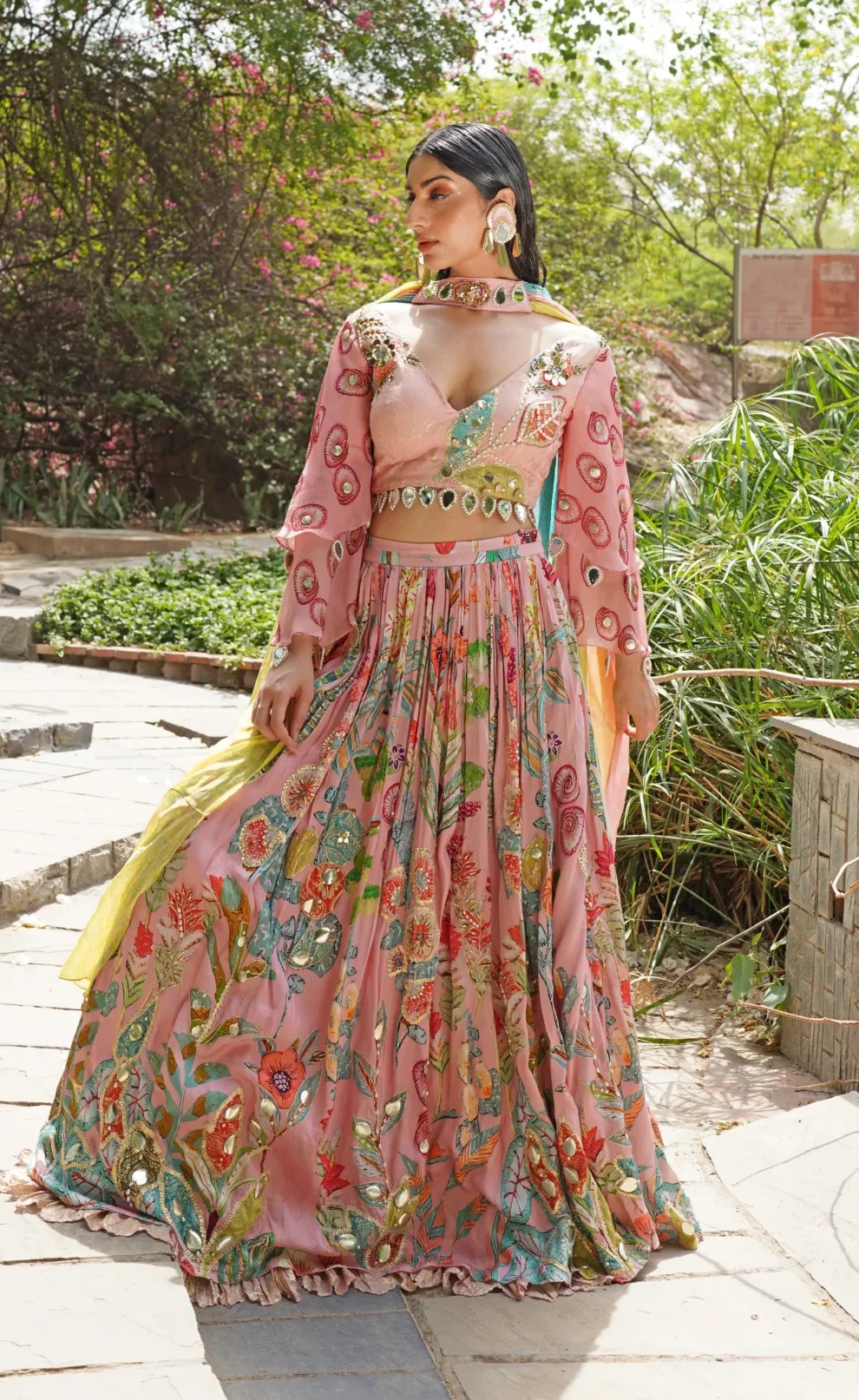 Floral Mirror Work Lehenga with Deep V Blouse and Dupatta from Golden Muslin By Soniya G