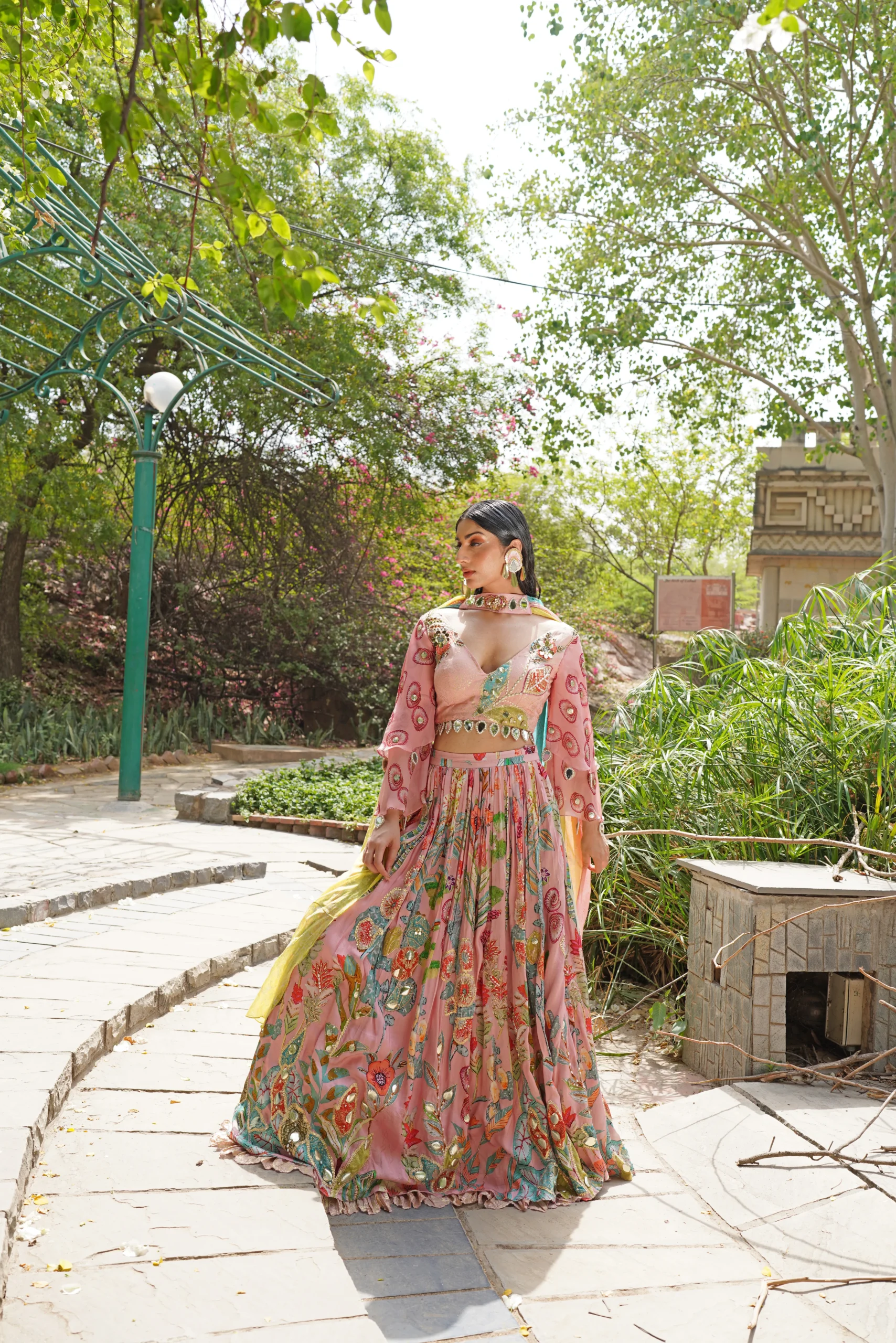 Floral Mirror Work Lehenga with Deep V Blouse and Dupatta from Golden Muslin By Soniya G
