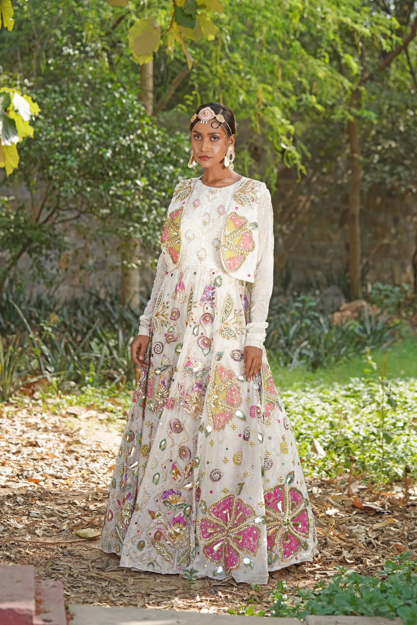 Off white embellished lehenga with full sleeve choli from Golden Muslin By Soniya G