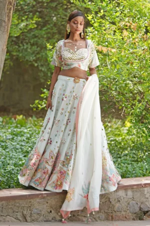 Ivory Organza Lehenga Set with Mirror Pearl Embroidery