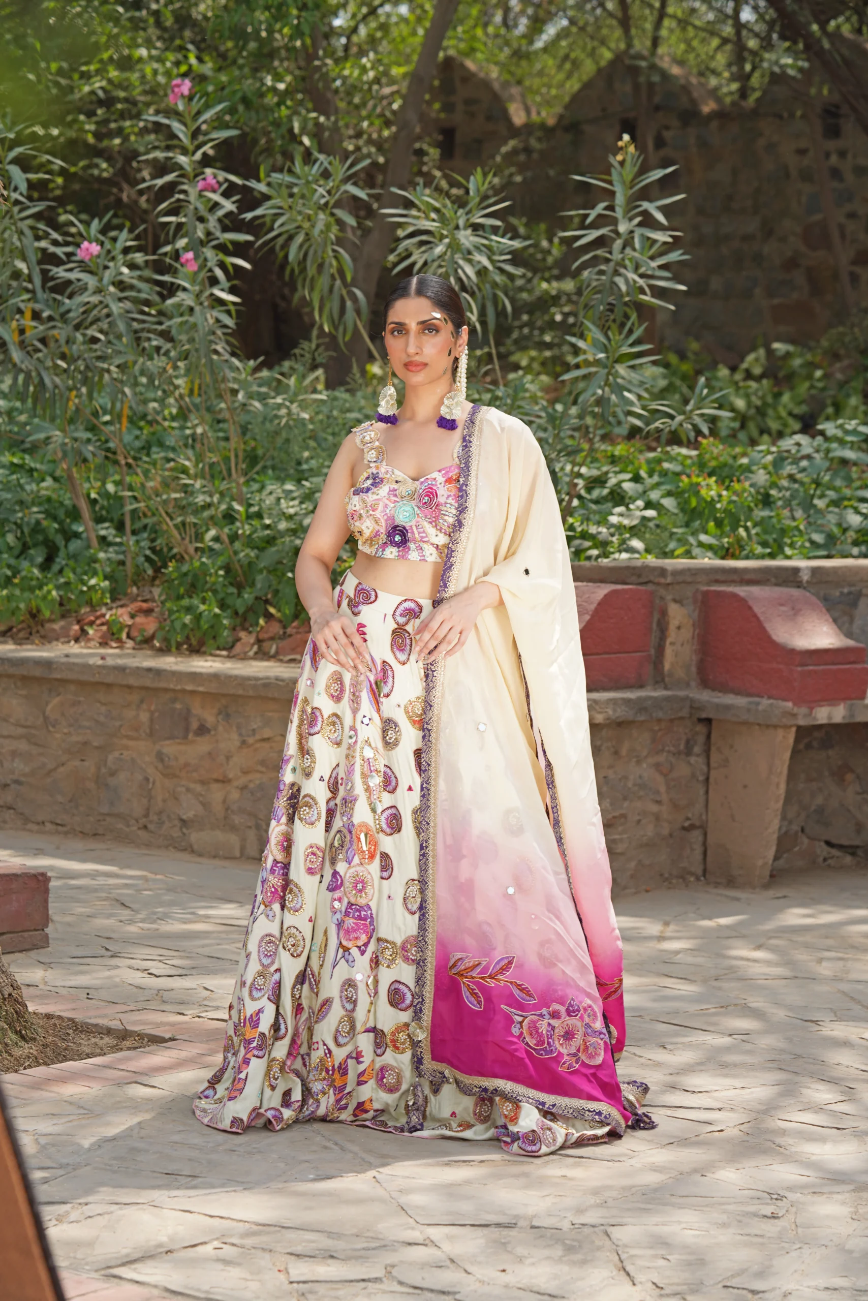 Ivory embroidered lehenga choli with ombré dupatta from Golden Muslin By Soniya G