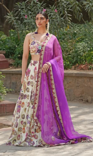 Floral embroidered lehenga with dupatta from Golden Muslin By Soniya G