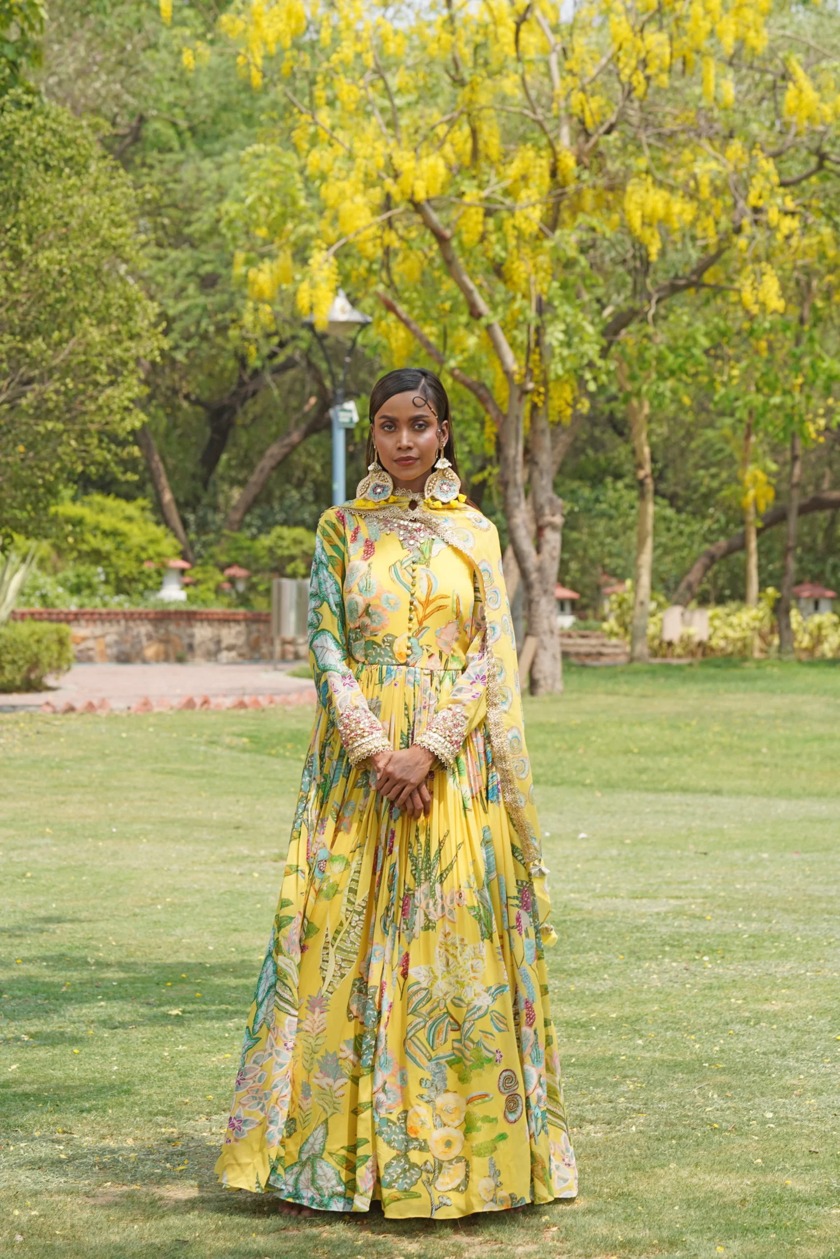 Yellow full-length printed Anarkali gown with dupatta from Golden Muslin By Soniya G