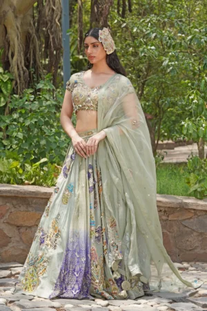 Ice Pastel Blue Embroidered Lehenga Set with Floral A-Line Skirt & Dupatta
