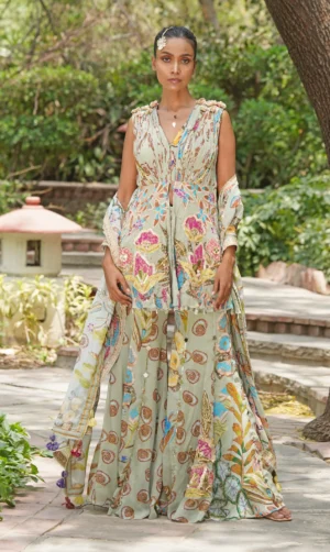 Sky grey blue cape style blouse with palazzo pants from Golden Muslin By Soniya G