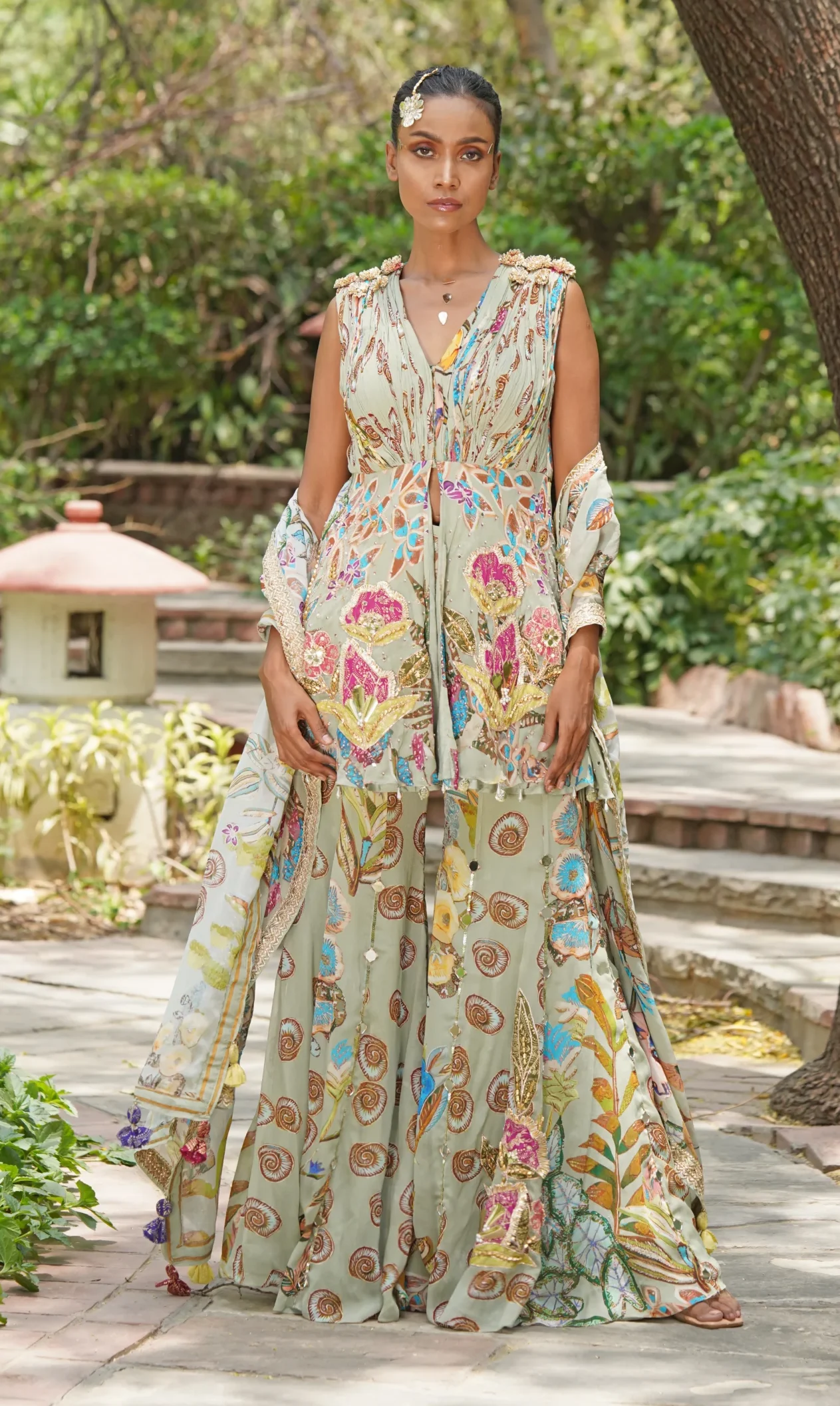 Sky grey blue cape style blouse with palazzo pants from Golden Muslin By Soniya G