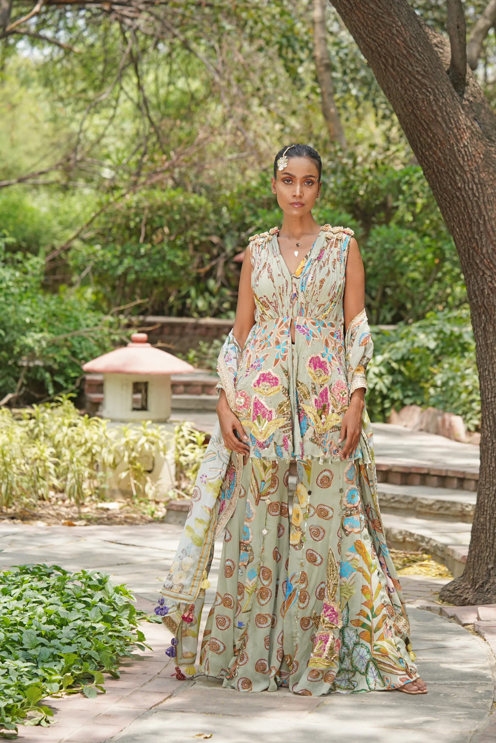 Sky grey blue cape style blouse with palazzo pants from Golden Muslin By Soniya G