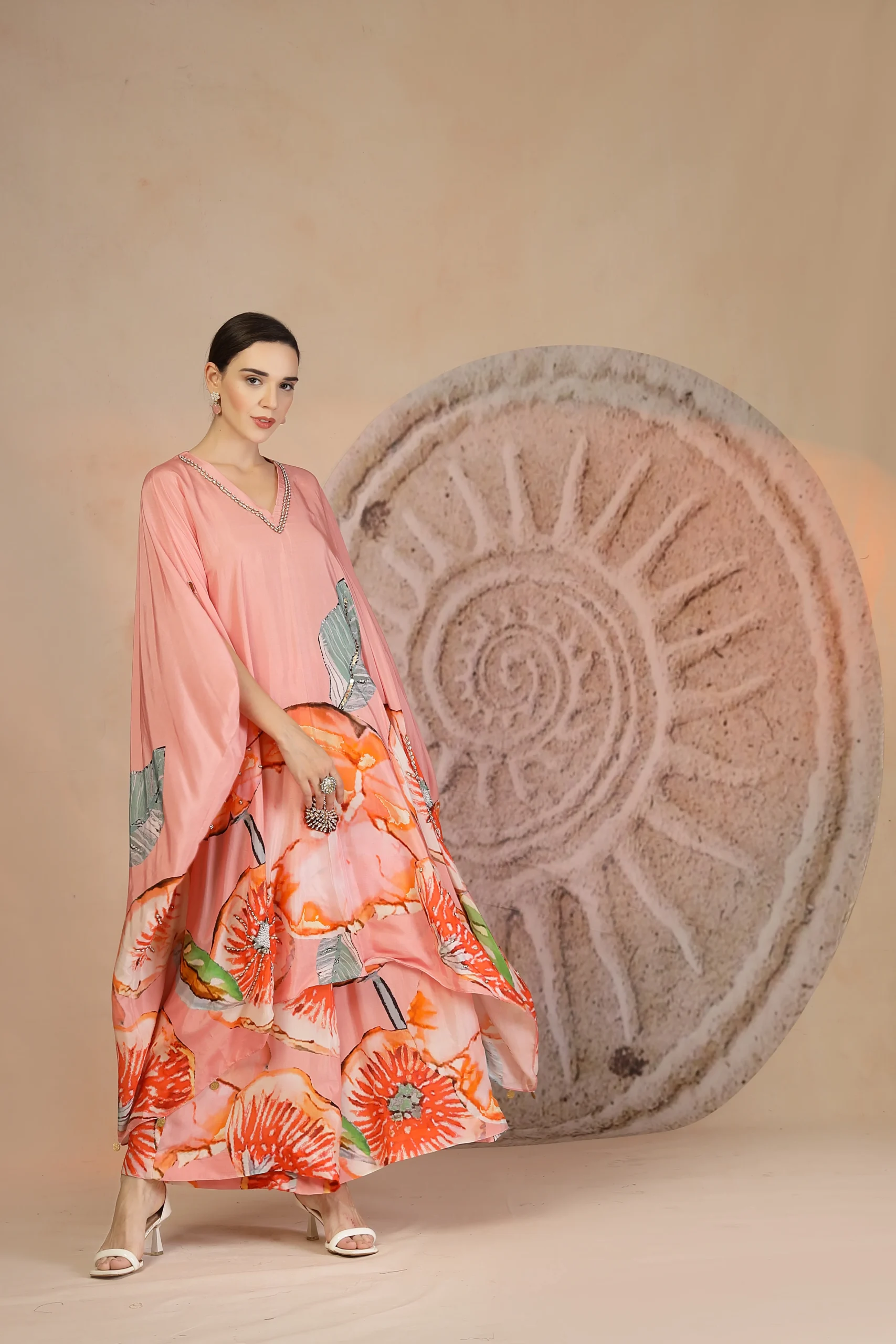 Pastel pink floral muslin silk kaftan set with beadwork from Golden Muslin By Soniya G