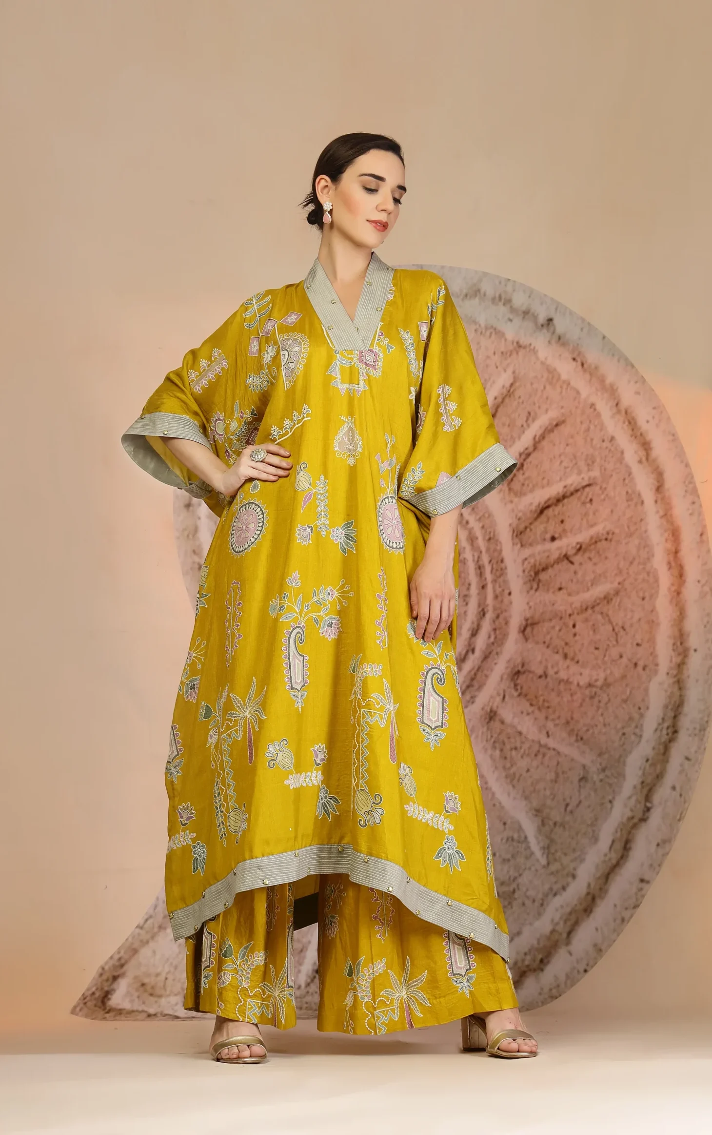 Mustard yellow slub cotton kaftan kurta with wide-leg pants from Golden Muslin By Soniya G