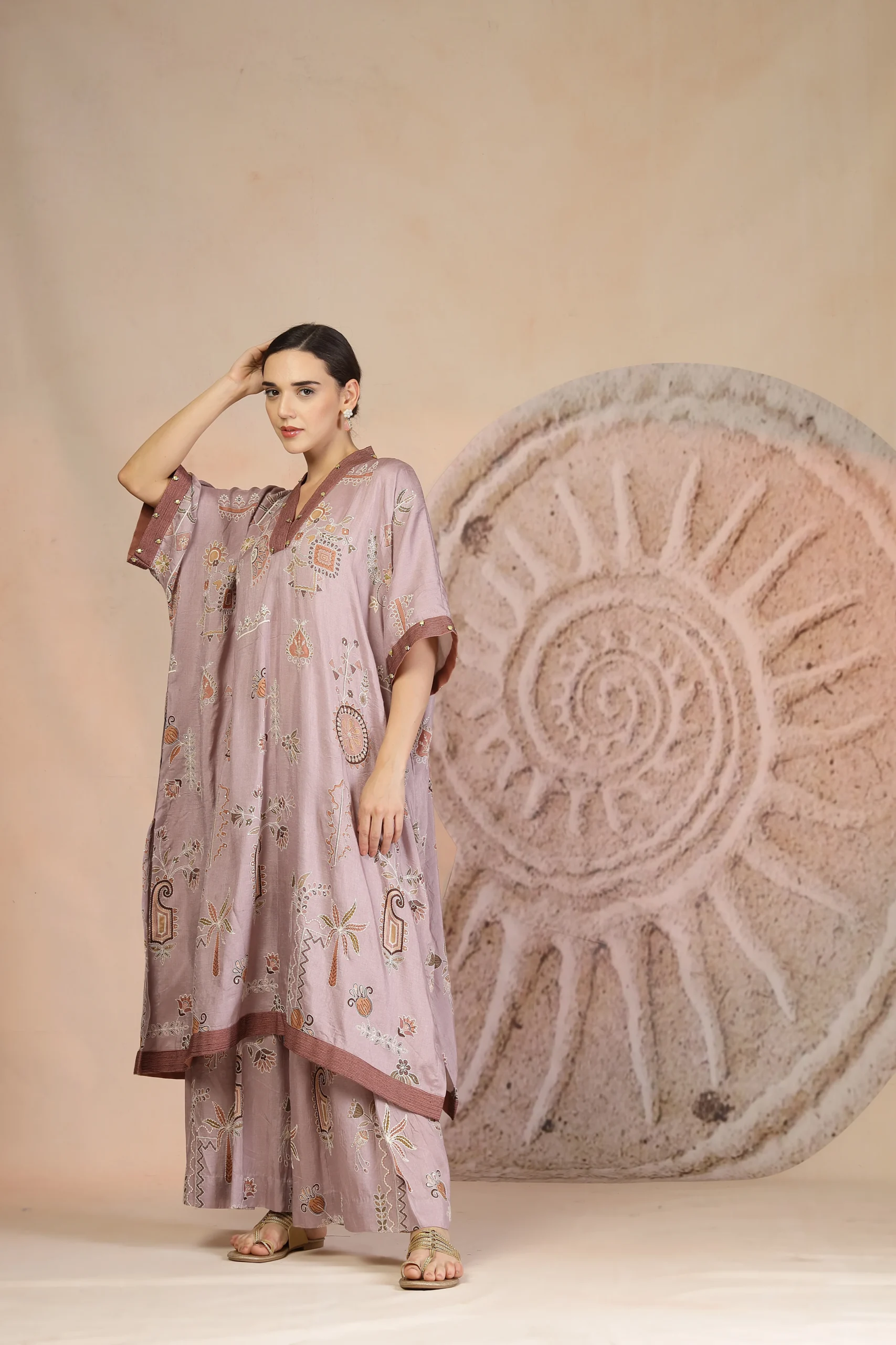Mauve Slub Cotton Kaftan Kurta with Box Pleated Wide Leg Pants from Golden Muslin By Soniya G