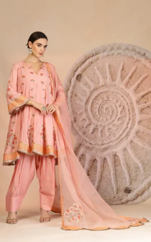 Powder Pink Muslin Kurta with Farsi Salwar and Organza Dupatta from Golden Muslin By Soniya G