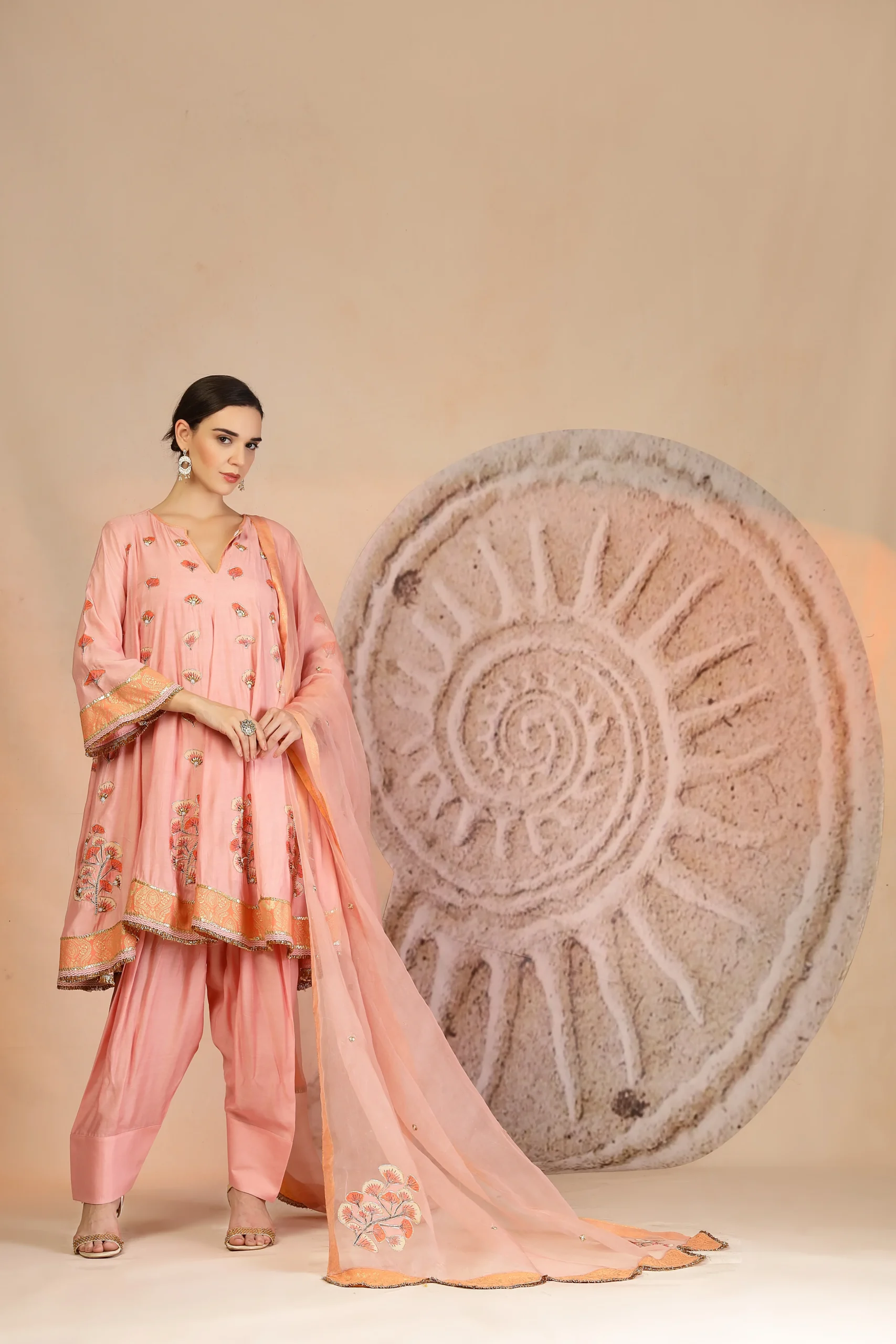 Powder Pink Muslin Kurta with Farsi Salwar and Organza Dupatta from Golden Muslin By Soniya G