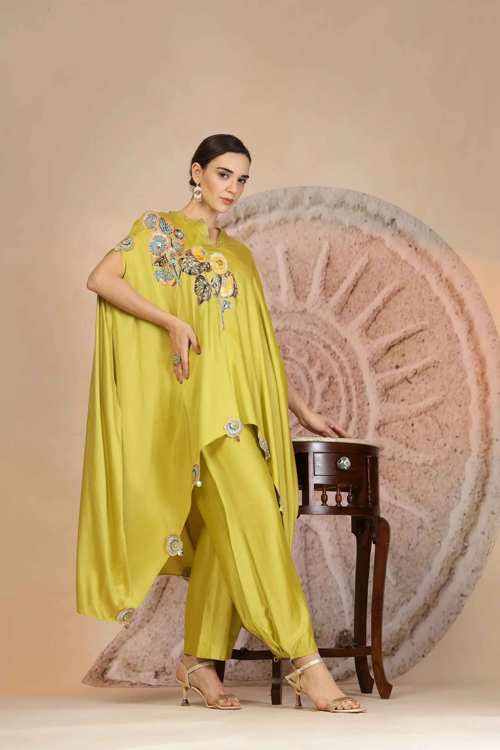 Lime Green Muslin Silk Asymmetrical Kurta with Farshi Salwar from Golden Muslin By Soniya G