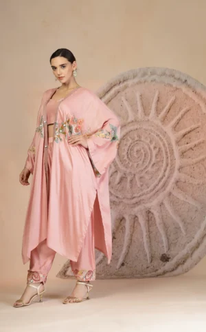 Powder Pink Muslin Silk Bustier Farshi Salwar Cape Set with Shell Embroidery from Golden Muslin By Soniya G