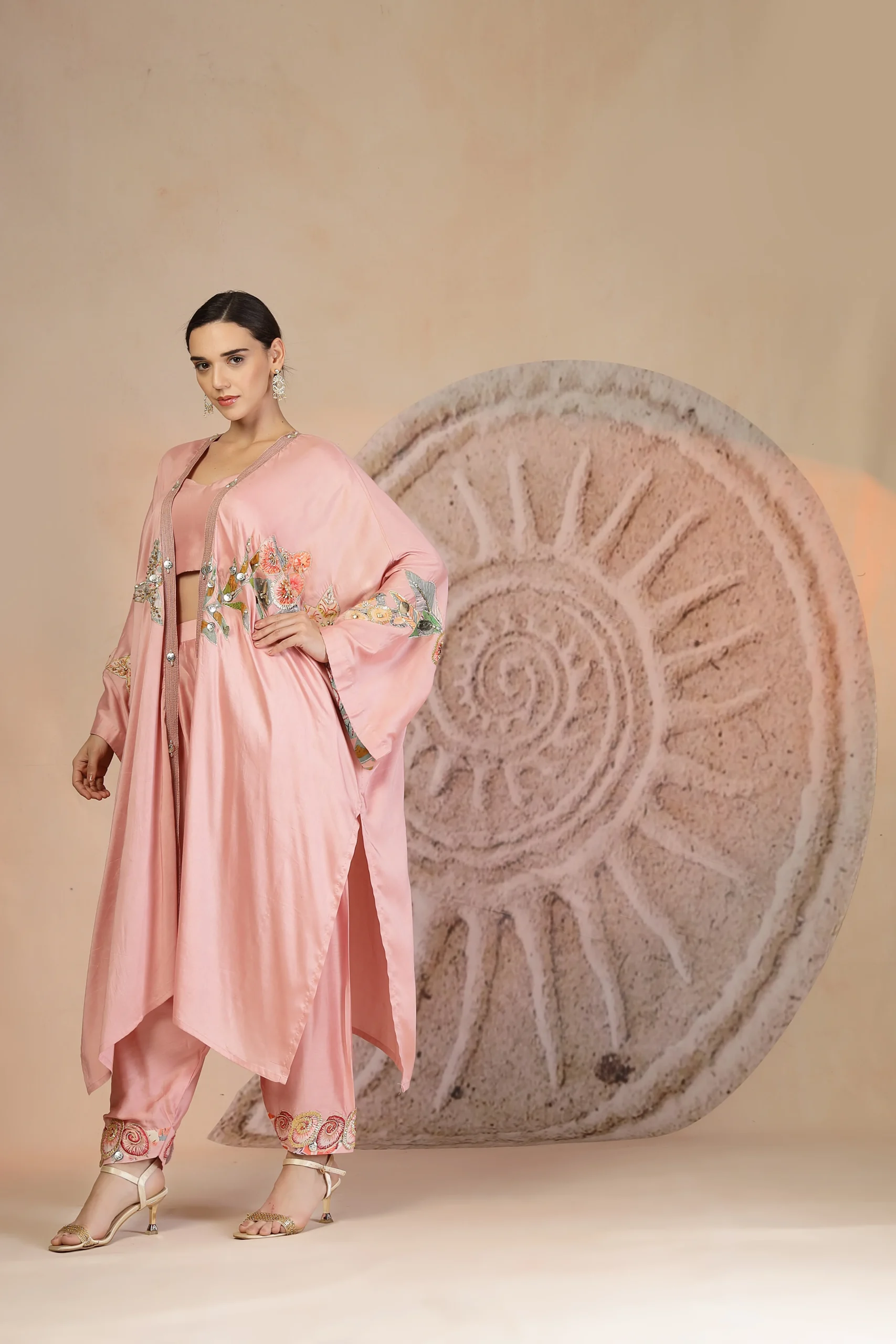 Powder Pink Muslin Silk Bustier Farshi Salwar Cape Set with Shell Embroidery from Golden Muslin By Soniya G