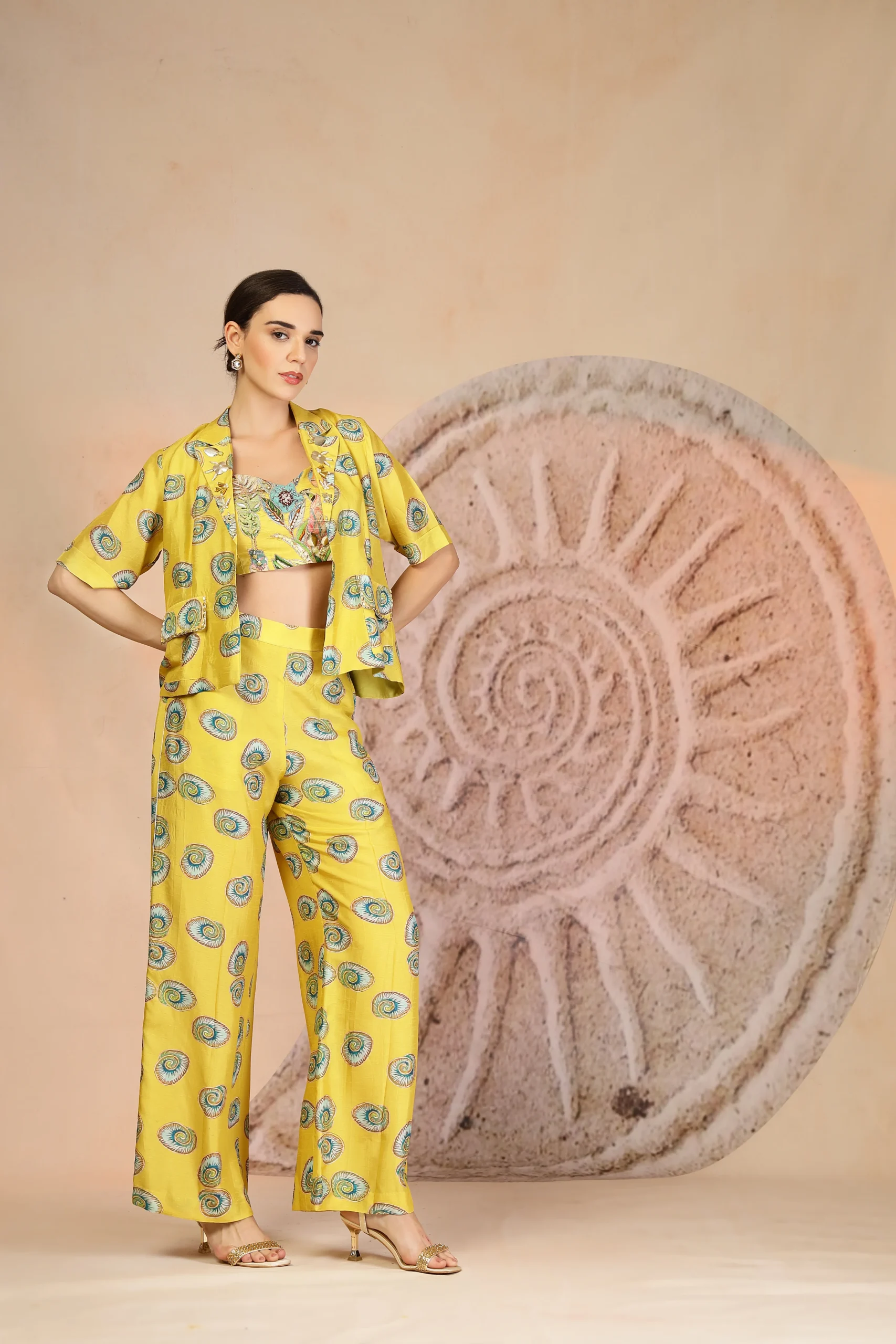 Bright yellow muslin silk three-piece co-ord set with embroidered bustier and jacket from Golden Muslin By Soniya G