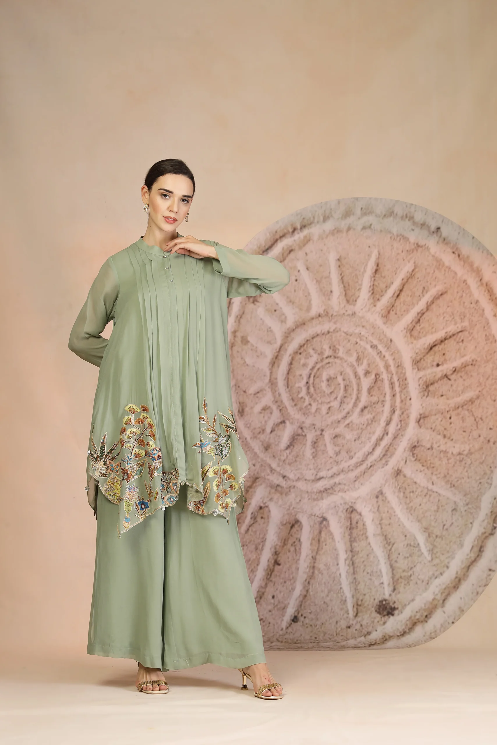 Pista green muslin silk Indo-Western kurta set with palazzo pants from Golden Muslin By Soniya G