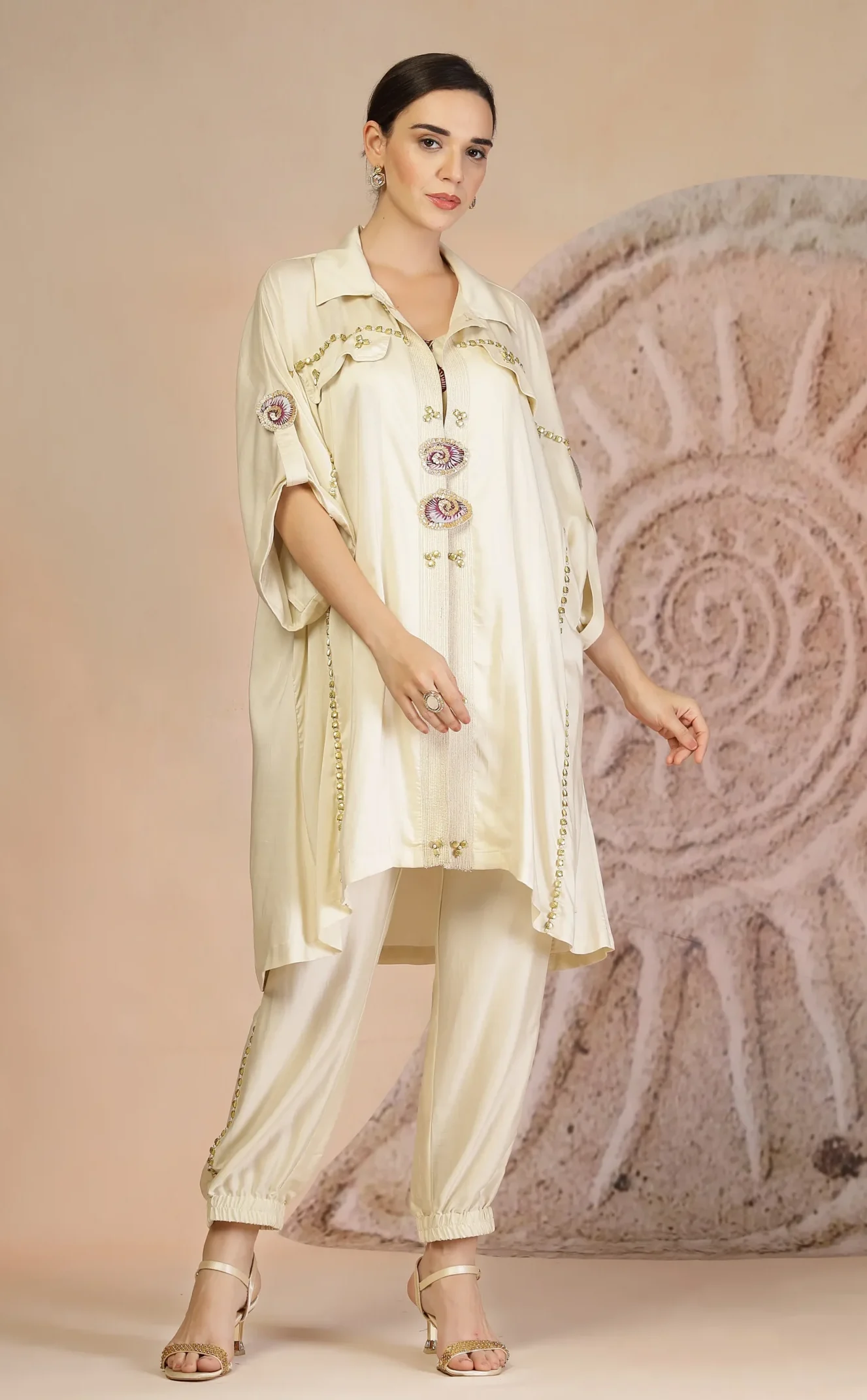 Ivory Muslin Silk Indo Western Layered Kurta with Patchwork Shrug from Golden Muslin By Soniya G