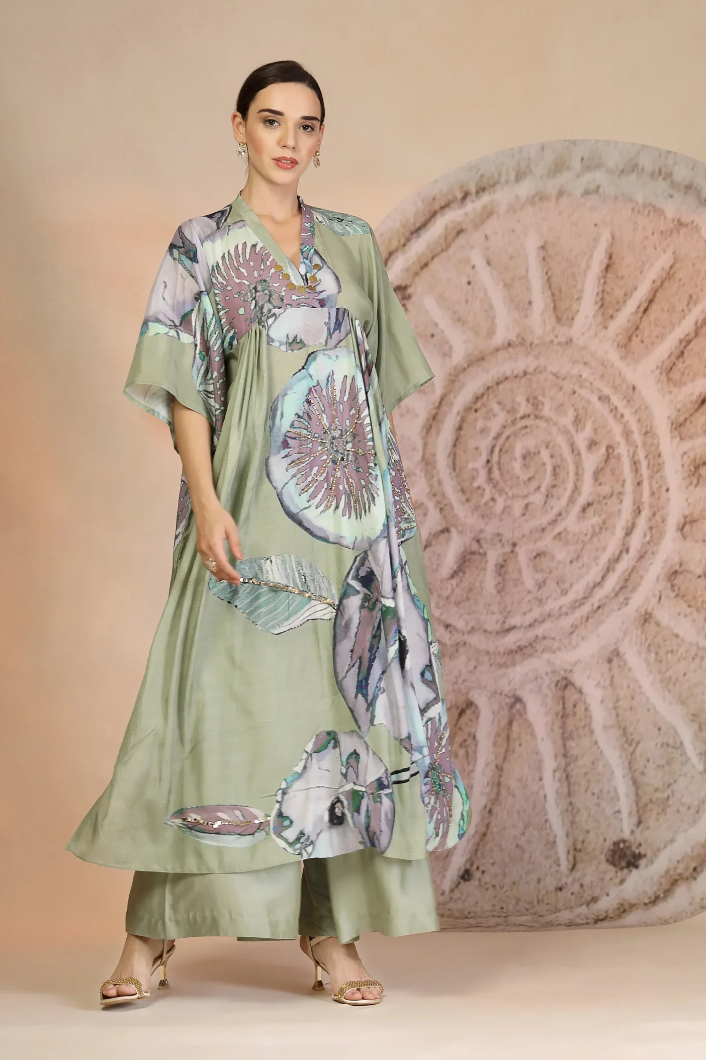 Pista Green Muslin Silk Kaftan Kurta with Wide-Leg Palazzo Set from Golden Muslin By Soniya G
