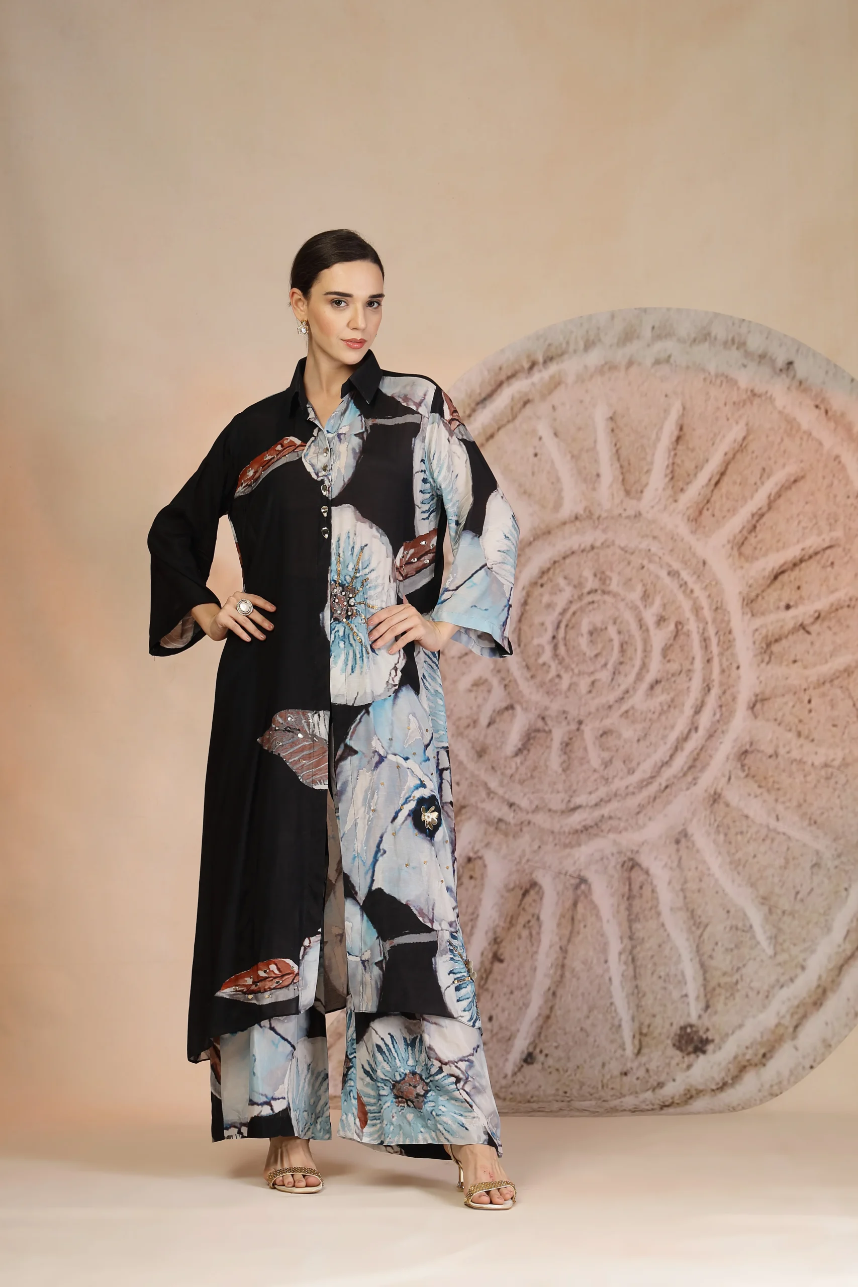 Charcoal black muslin silk kurta set with coral print and palazzo pants from Golden Muslin By Soniya G