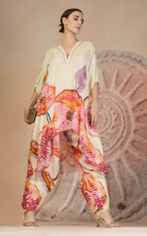 Ivory coral print muslin silk kurta set with farzi salwar from Golden Muslin By Soniya G