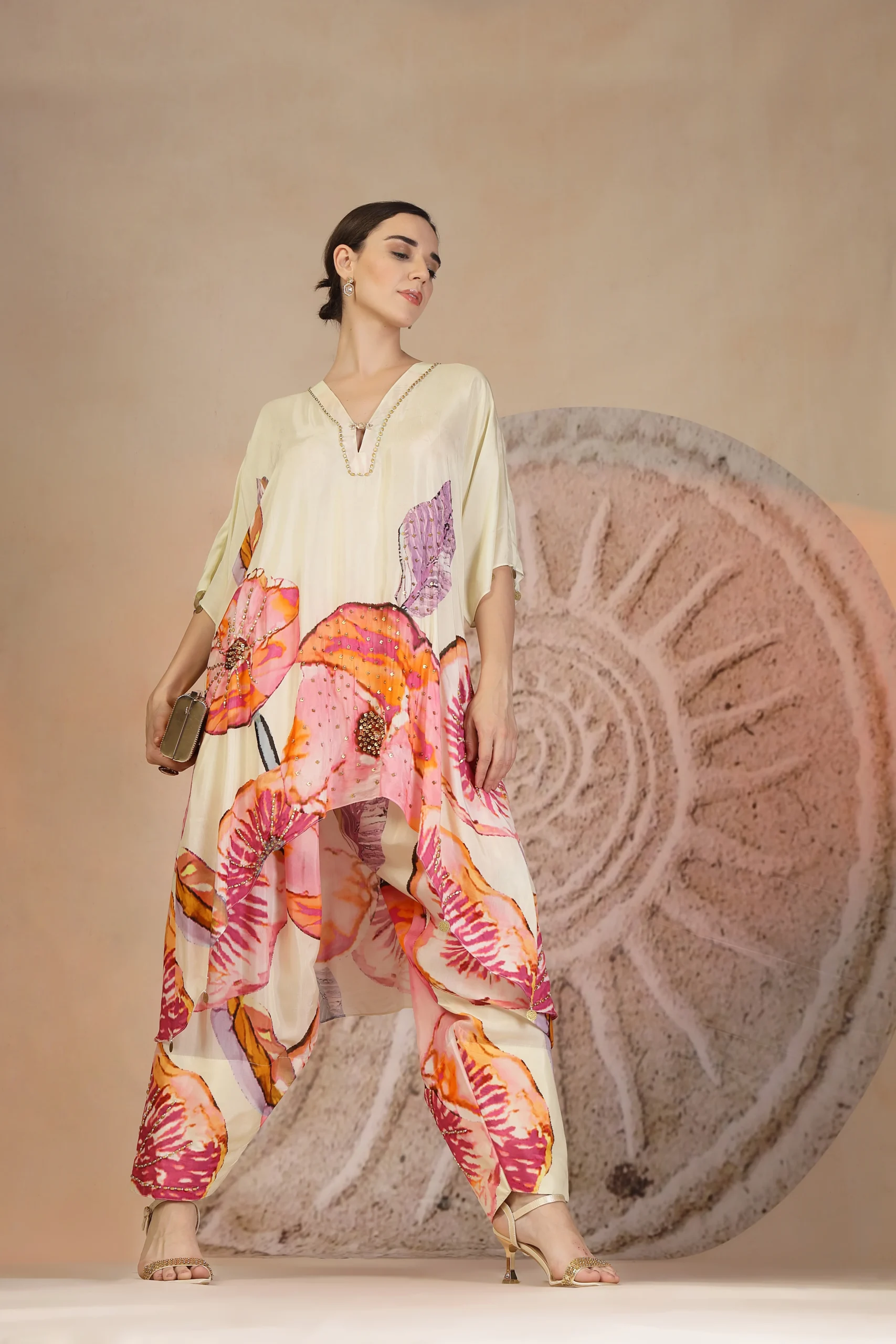 Ivory coral print muslin silk kurta set with farzi salwar from Golden Muslin By Soniya G