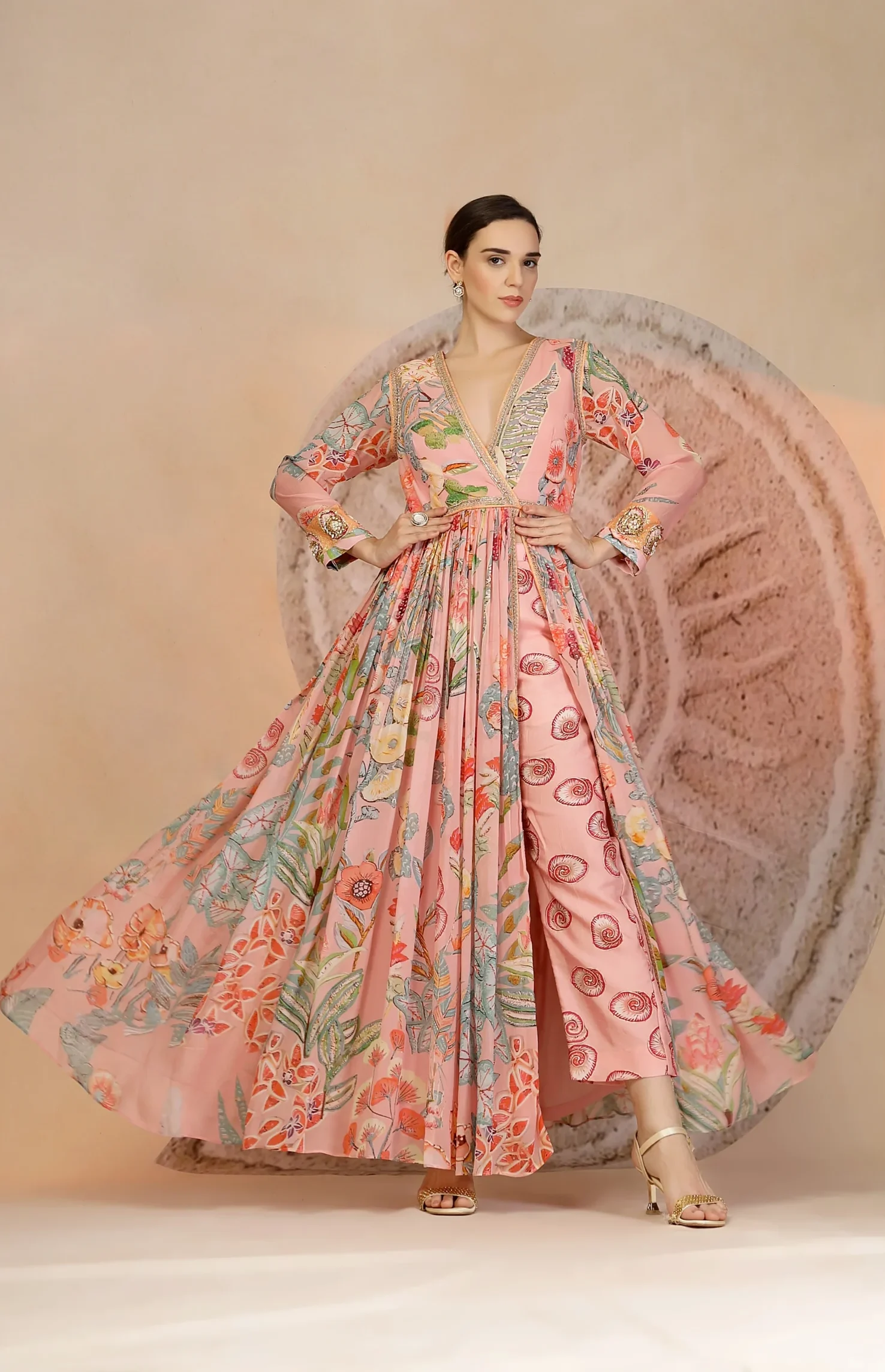 Pastel pink floral Anarkali kurta set from Golden Muslin By Soniya G