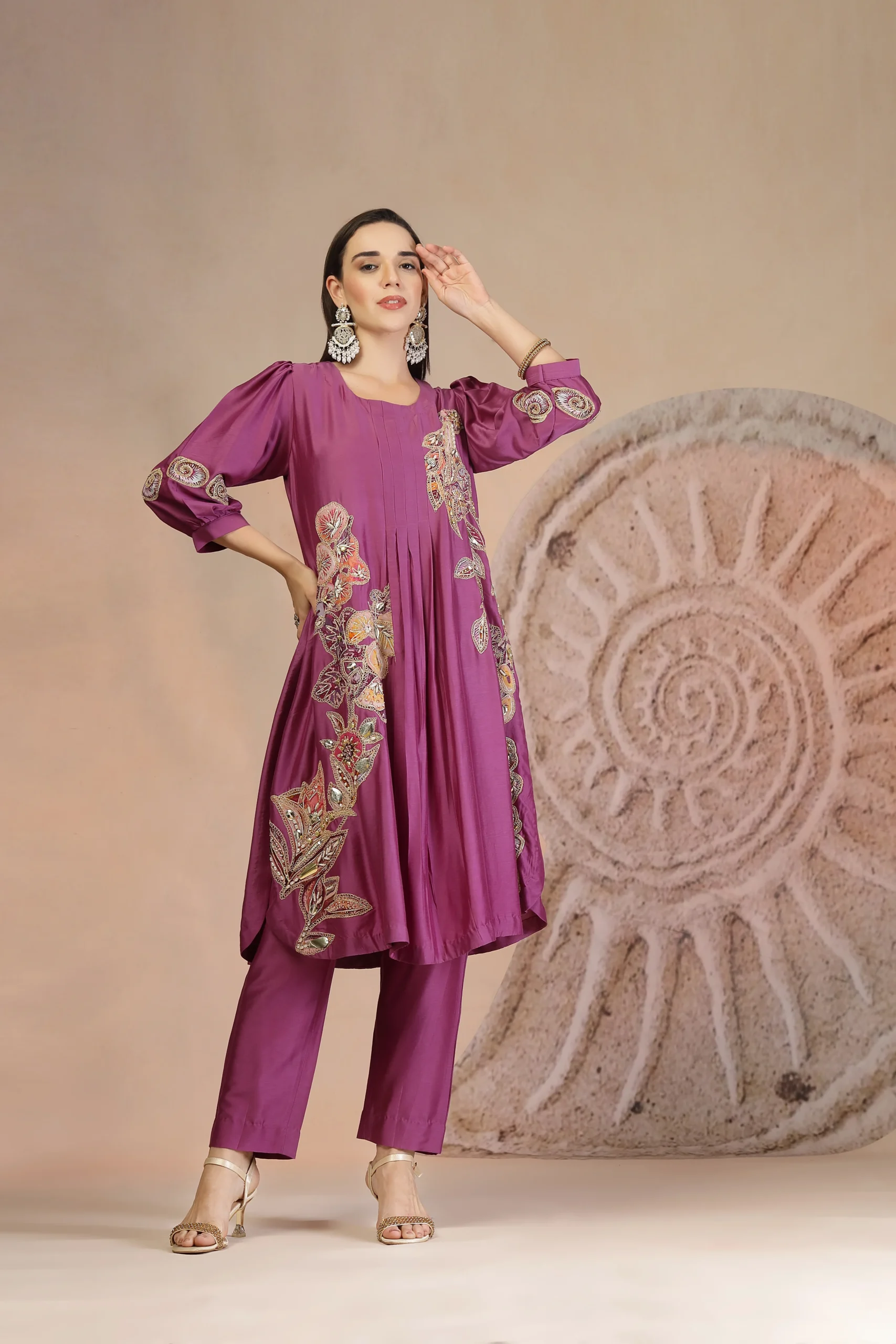 Purple silken muslin kurta set with balloon sleeves from Golden Muslin By Soniya G