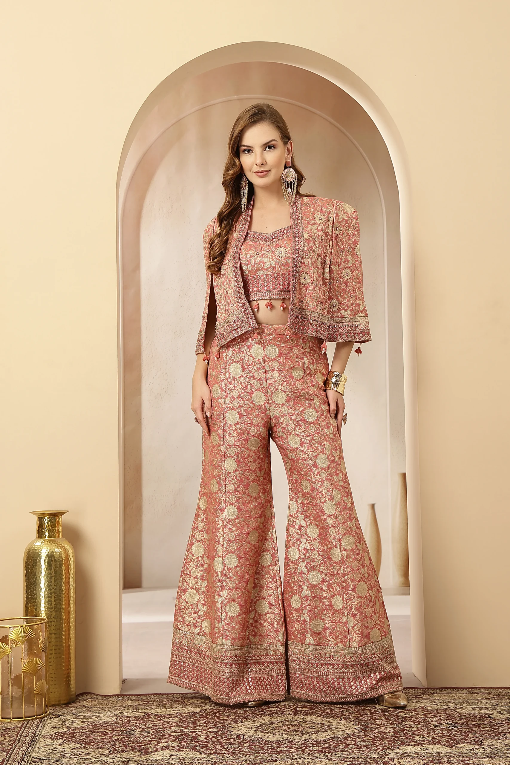 Rose gold brocade co-ord set with jacket from Golden Muslin By Soniya G