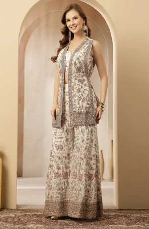 Ivory satin silk floral co-ord set with cropped square-neck blouse and palazzo pants from Golden Muslin By Soniya G